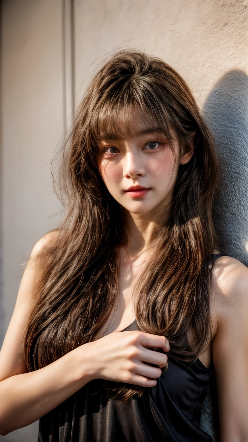 masterpiece、8K、32K、top-quality、(A detailed eye)、(A cute Japanese woman、bangss:1.3)、23years old、1 girl in、elegent、(White concrete wall)、black tank-top