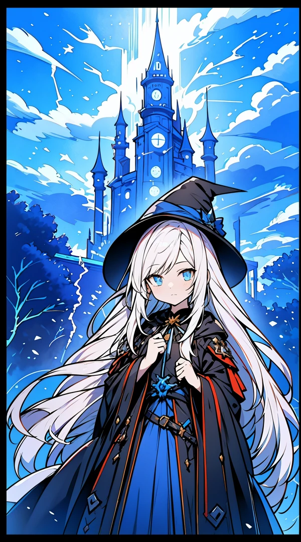tmasterpiece, Best quality at best, GameCG, absurd res, HighDynamicRange, hyper HD, 8K, 1 girl, Alone, Very long hair, White hair, eBlue eyes, face expressionless, cow boy shot, looking at viewert, Black castle background, Permanent, Black and blue magic robe, Keep your mouth shut, longer sleeves, flatchest, Wizard's Hat, employee, Black trim, holding employee, hair straight, Black handguards, Cold attitude, Blue energy, dark energy, blue mist, themoon, clouds, Gloomy sky, lightning bolt, salama, pale-skinned
