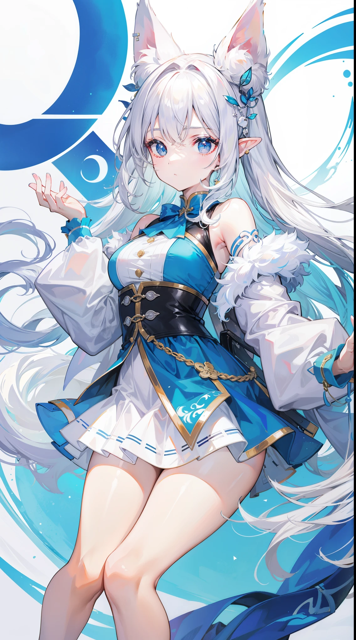 Creamy white hair，Fuzzy clothes，Mao Pipa，blue and white colour scheme，Cute as a Jade Rabbit Elf，Precision and flexibility，Beautiful appearance，This is a very cute girl