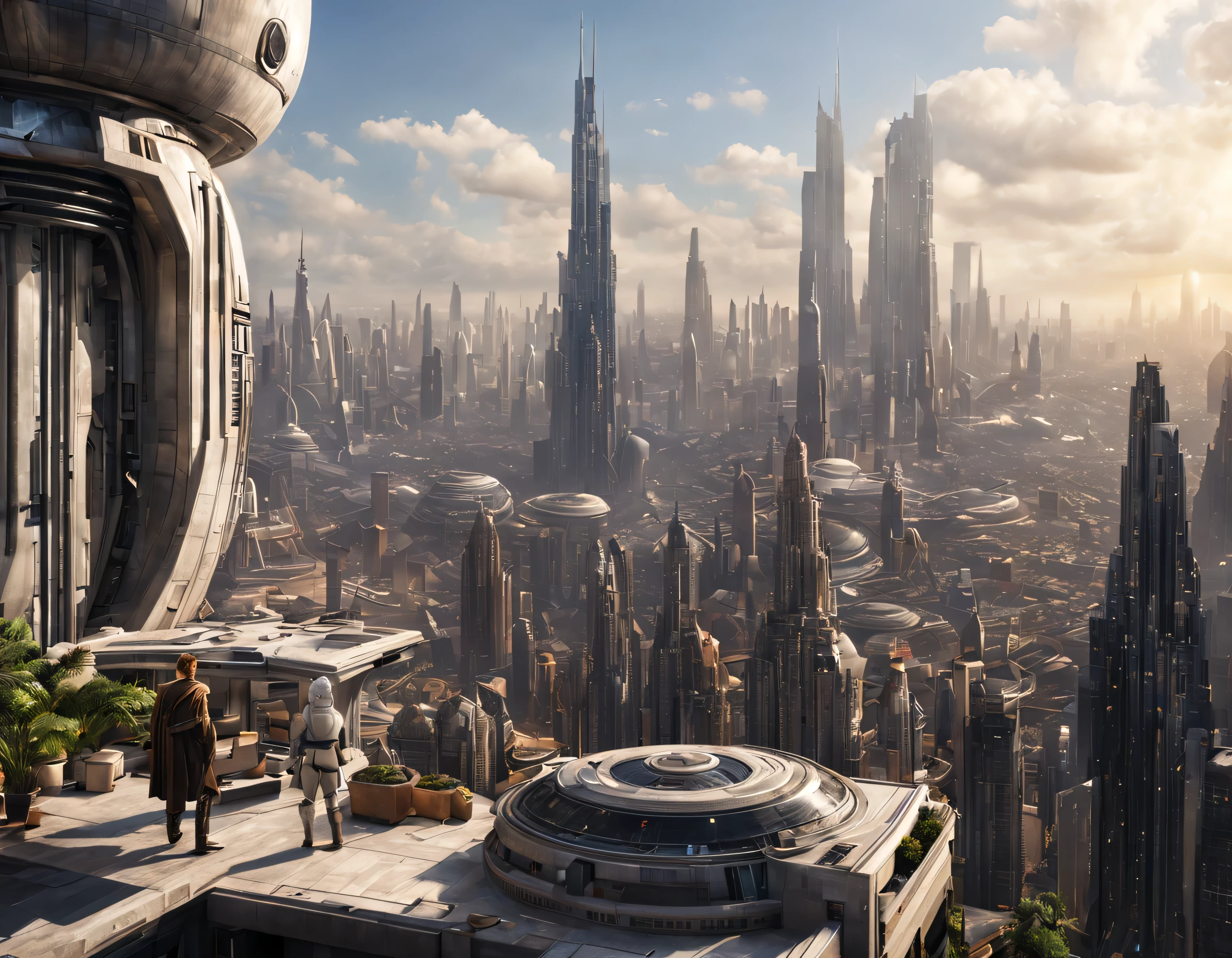 desde una terraza, observando la ciudad de coruscant star wars, con sus inmensos edificios futuristas, (Design by Doug Chiang), intrincados detalles de la maquina de la mas alta calidad, estilo cinematografico, nitidez absoluta, imagen 8k.(obra maestra). (arquitectura impecable).