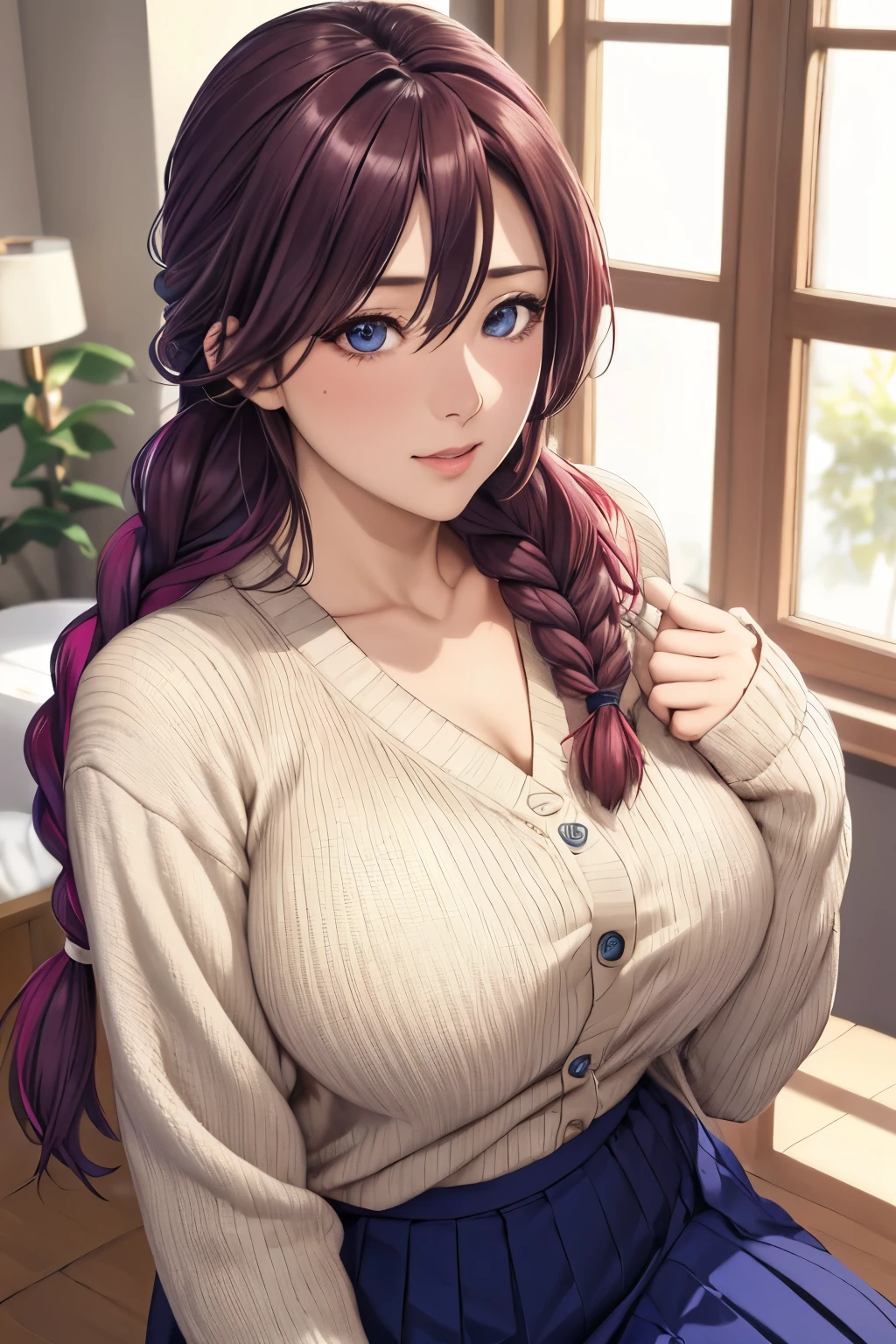 masutepiece, (Best Quality), 1womanl,1girl in ,akiko_minase, Long hair, Brunette hair, Blue eyes, braid, single braid, Hair intake, hair over shoulder, (maturefemale), Skirt, Sweaters, Cardigan, house wife, Large breasts,Sexy Woman, , blush vibrant colors ,,Natural lighting ,nffsw, hair between eye , Beautiful, (Detailed face:1.2), showcase, (Perfect eyes:1.1) ,(Photorealistic:1.1), 8K UHD, Looking at Viewer, indoorround