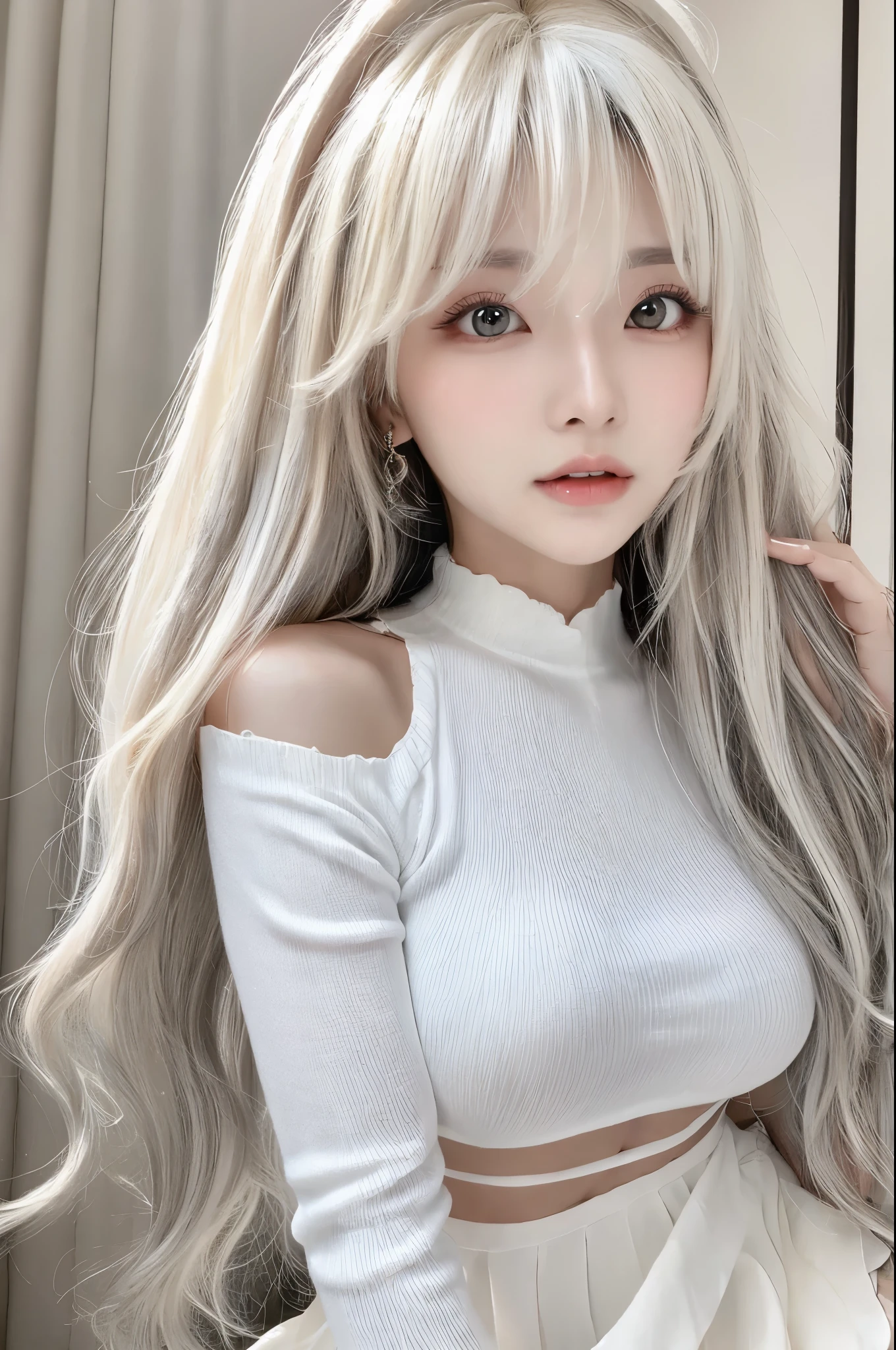 Beautiful woman with perfect figure:1.4,Layered Hair Style,sexy for,Protruding:1.5,The shirt,Highly Detailed Face and Skin Textur,二重まぶた,Whitening Skin,Long white hair