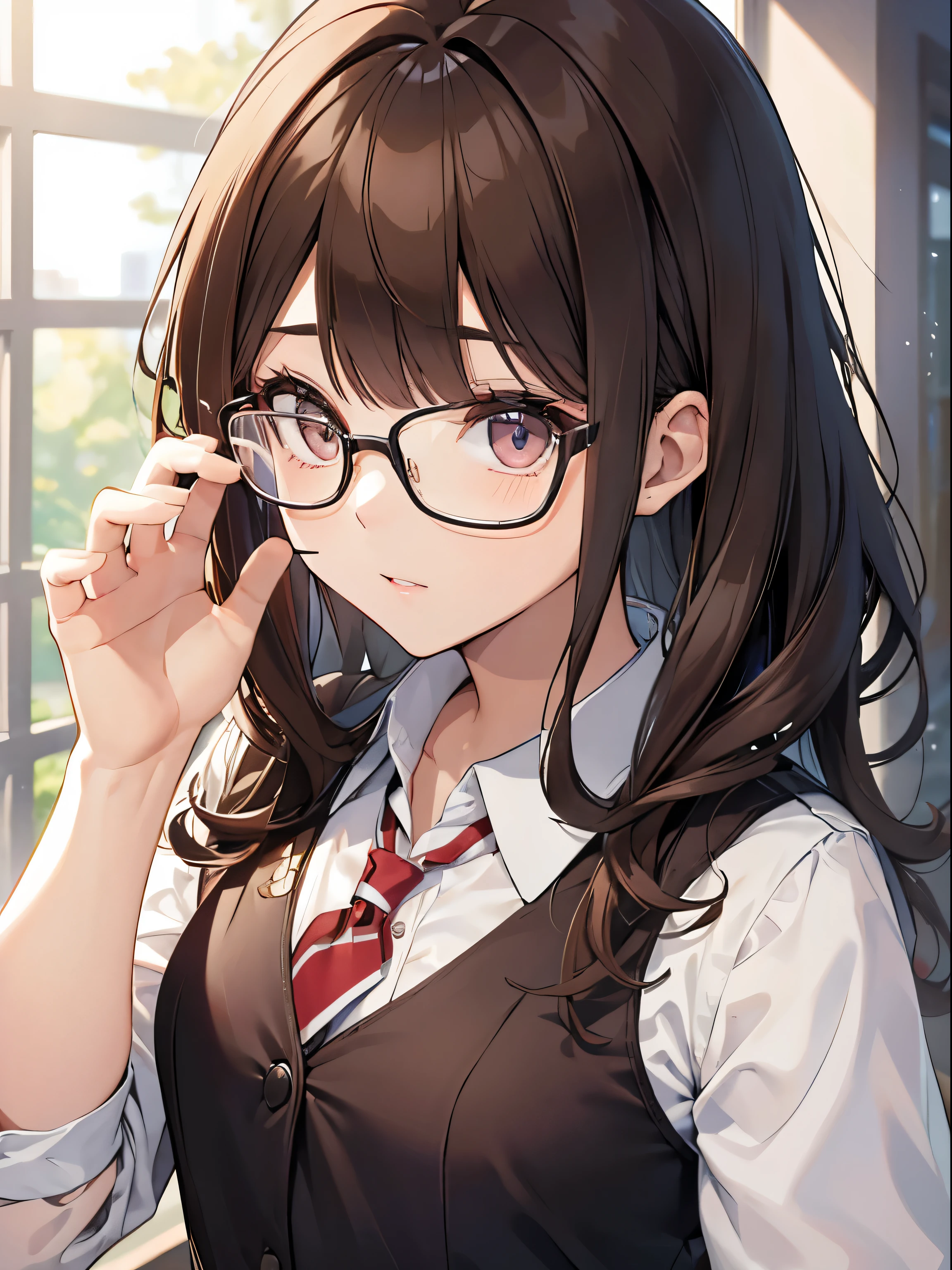 1人の女性、brown haired(Curta)、Brown eyelack-rimmed glasseest Quality、ultra-detailliert、8K resolution、Raw photo、masutepiece、gorgeous faces、Perfect body、schoollazer Uniform