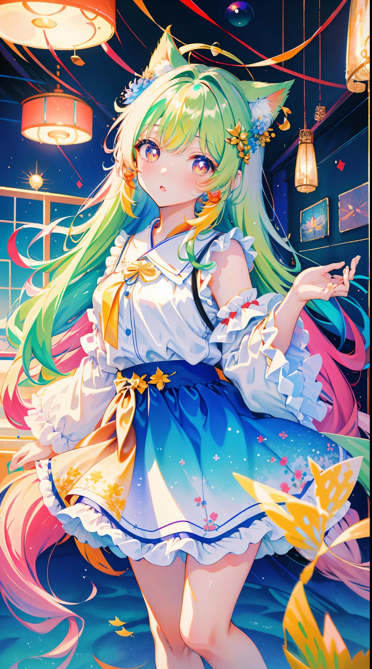 (tmasterpiece, high qulity, A high resolution,Highest image quality),
BREAK
blurry standing background, (Colorful:0.7), (Eye focus:1.2), looking at viewert, Upp_body, fish eye, (Indoors:1.1), cute big breasts, warm lights, cute big breasts猫耳朵,
BREAK 1loli, Permanent, Alone, ^ ^, (tilt_forward:1.1), Almekind_standing back, (opens his eyes wide:1.1), heads_tilt, of shoulders, small, Long eyelashes, 鎖骨, (Be red in the face:0.95),
Break out shiny skin, 闪亮的heads发,(Bright pupils:1.1),Curious,詳細な目,hair adornments, long whitr hair, 两侧heads发朝Upp,白色的heads发, Superskirt, shinning eyes,