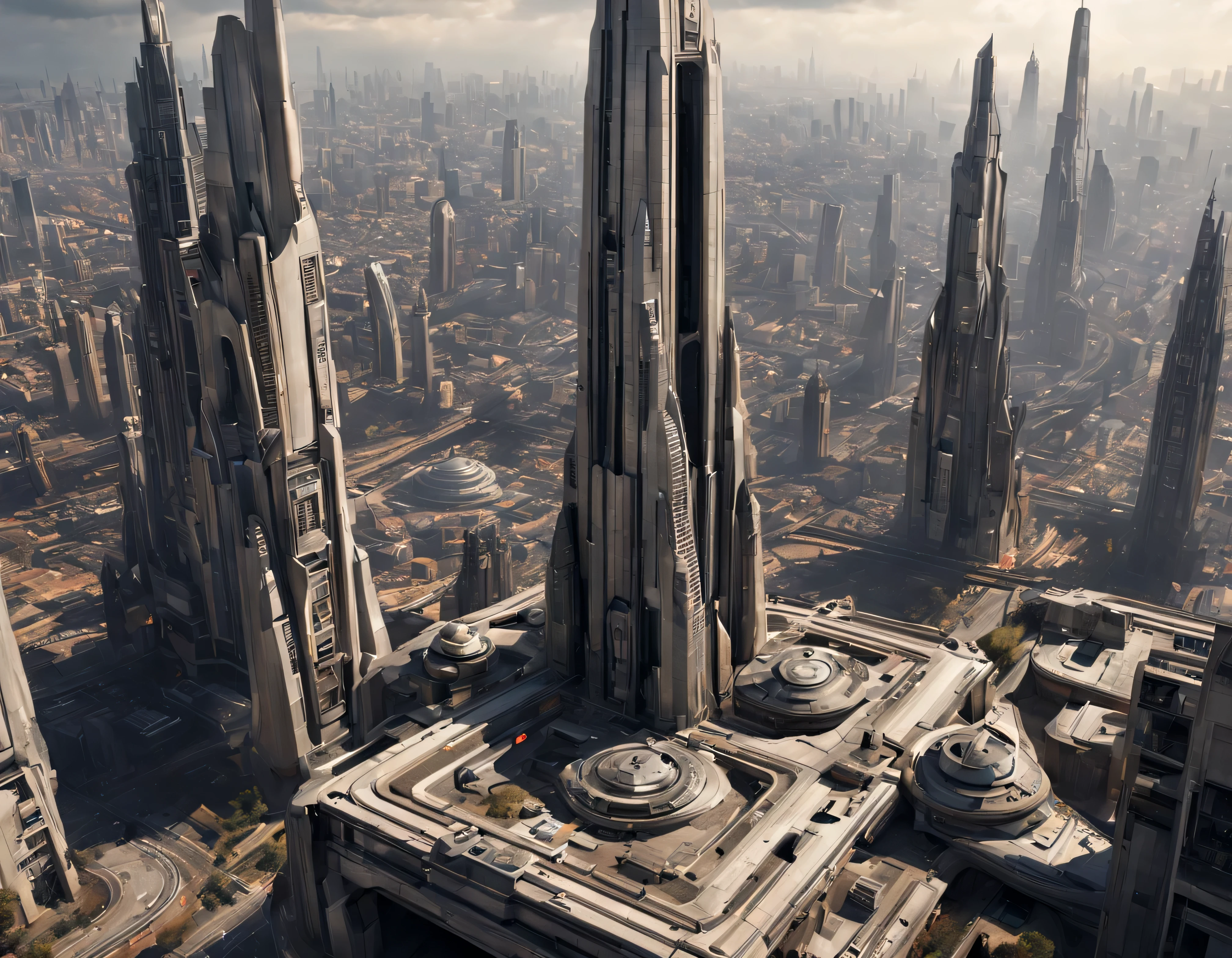 desde una terraza, observando la ciudad de coruscant star wars, con sus inmensos edificios futuristas, (Design by Doug Chiang), intrincados detalles de la maquina de la mas alta calidad, estilo cinematografico, nitidez absoluta, imagen 8k.(obra maestra). (arquitectura impecable).