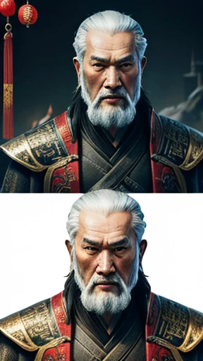 oriental、Old man wearing ancient Chinese armor、old man with ancient chinese hairstyle、three kingdom、multiple warlords、top-quality、​masterpiece、超A high resolution、(Photorealsitic:1.4)、Game Posters、