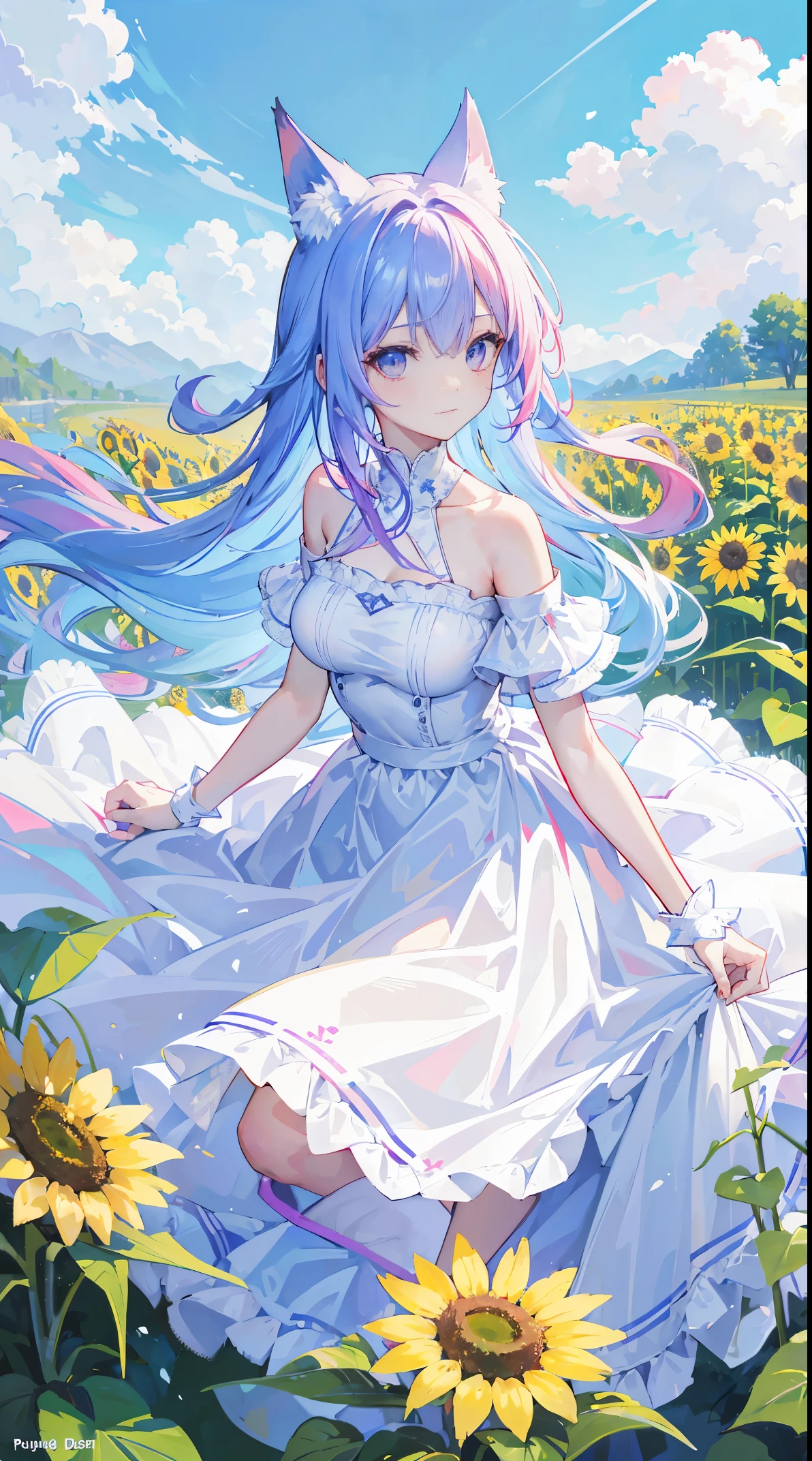 lightblue hair, pink hair highlights, 1 girl, a purple eye, looking at viewert, trpical garden, White sunflower dress, 8K, A high resolution, morning masterpiece), Super sharp, Two arms, long whitr hair, fox ear, Hold an cream