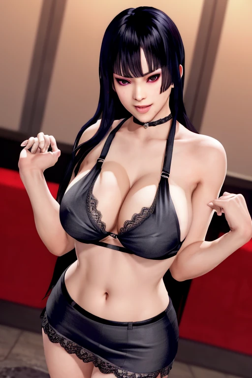 Nyotengu, in a black bra with a blouse falling over her sensual shoulders, bare shoulders, in a black skirt showing her thighs