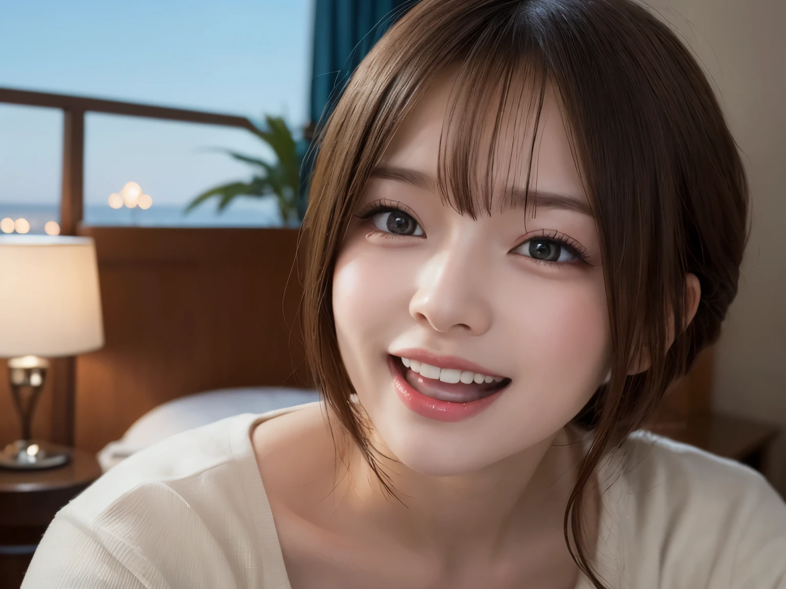 masutepiece, Best Quality, Illustration, Ultra-detailed, finely detail, hight resolution, 8K Wallpaper, Perfect dynamic composition, Beautiful detailed eyes , Hotel(Bet), Sexy face,Face feeling ecstasy,Face at the peak of sexual arousal,excited face from