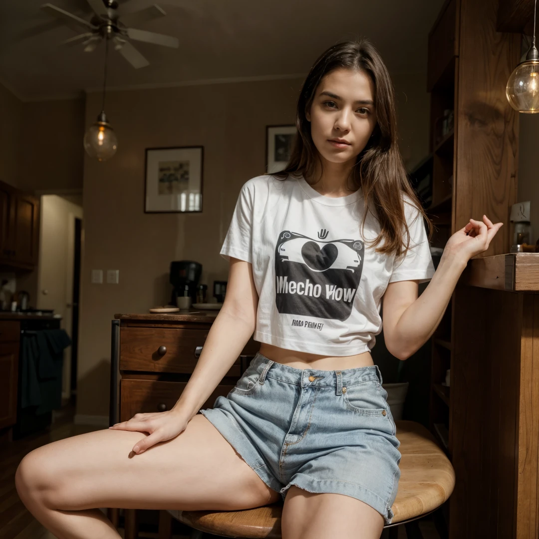 Beautiful girl, half Thai-Japanese face, super model figure, hands and feet have beautiful details. Wear pajamas and a torn t-shirt. Sitting on a messy and dusty bed, she had tanned skin, pigtails, bangs, and red lipstick on her lips, looking worried. Full body tattoo There is light shining through the window.