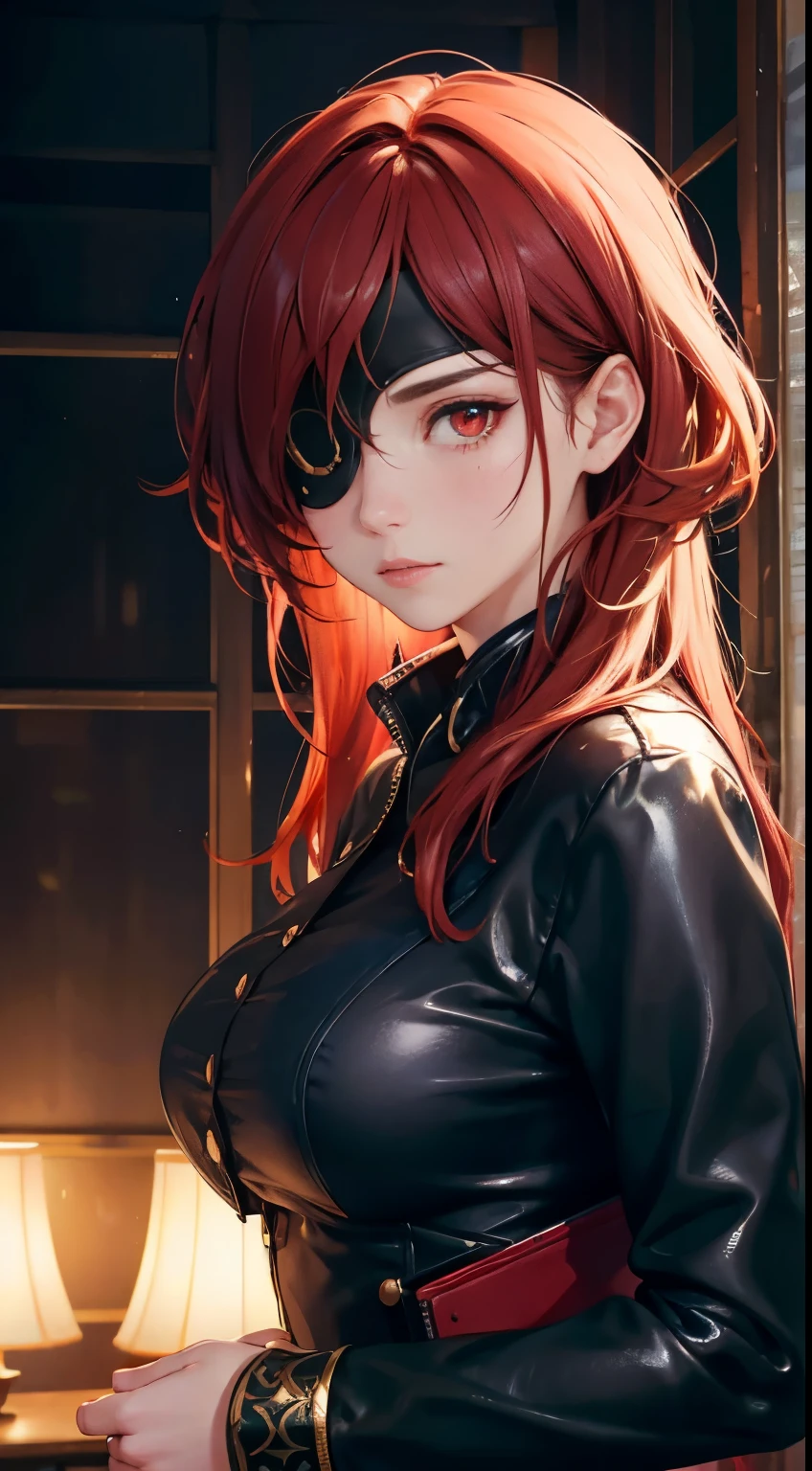 (best quality, masterpiece, official art, highres:1.2), extremely detailed CG unity 8k wallpaper, ultra detailed, portrait shot of slutty girl, eye contact, ideal breasts, short shirt, city background, red hair, long hair, eyepatch, red eyes, Hwa Ryun, Photorealistic, Hyperrealistic, Hyperdetailed, analog style, detailed skin, matte skin, soft lighting, subsurface scattering, realistic, heavy shadow, masterpiece, best quality, ultra realistic, 8k, golden ratio, Intricate, High Detail, film photography, soft focus, hollow eye