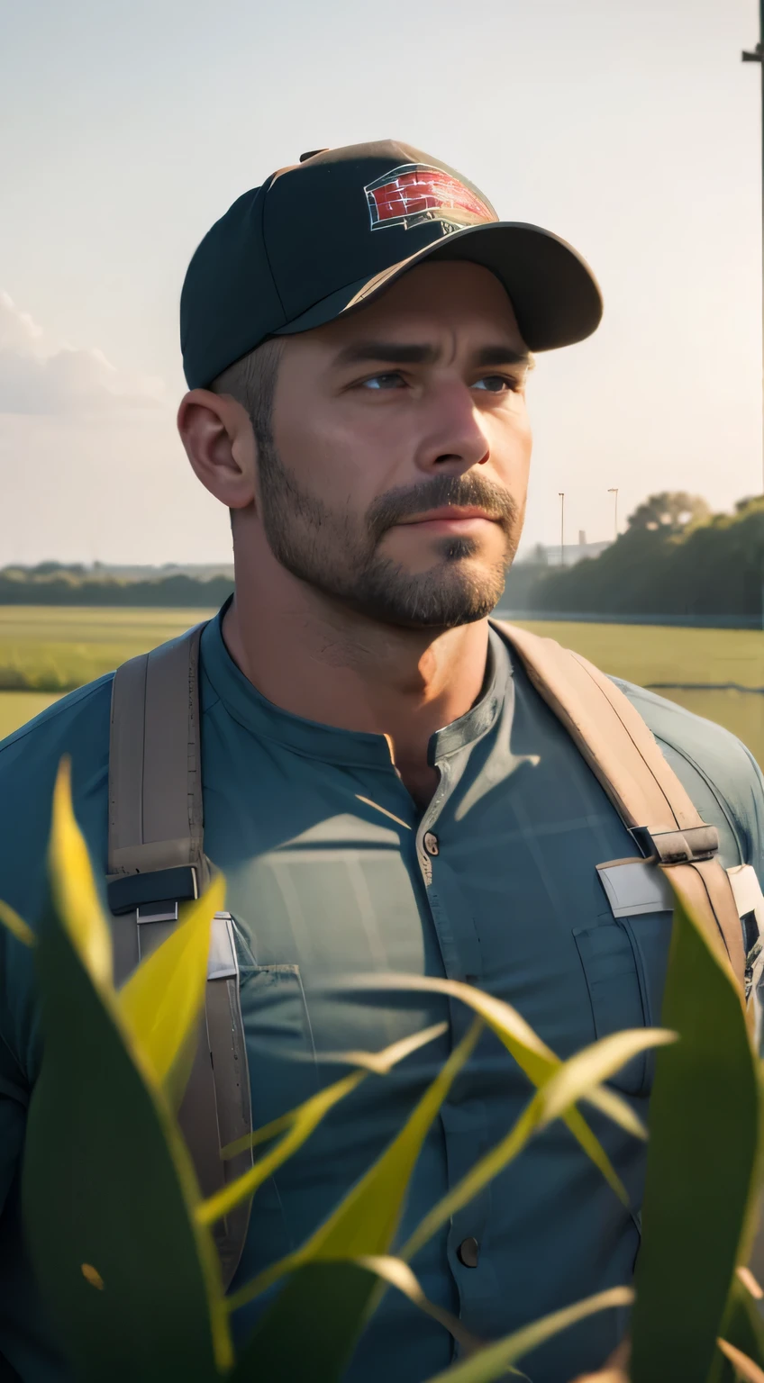 An award-winning original photo,A wild muscular man, (40 years old daddy:1.1), 1boy, Solo, (wearing red plaid overall), (big shoulders), musculature, stubbles, Short beard, Beautiful eyes:1.3, ), (Detailed face:1.3), (baseball cap), smiles, Dynamic Angle, volumetric lighting, (Best quality, A high resolution, Photorealistic), Cinematic lighting, Masterpiece, RAW photo, Intricate details, hdr, depth of field, paddyfield in the background, from below, golden sunshine