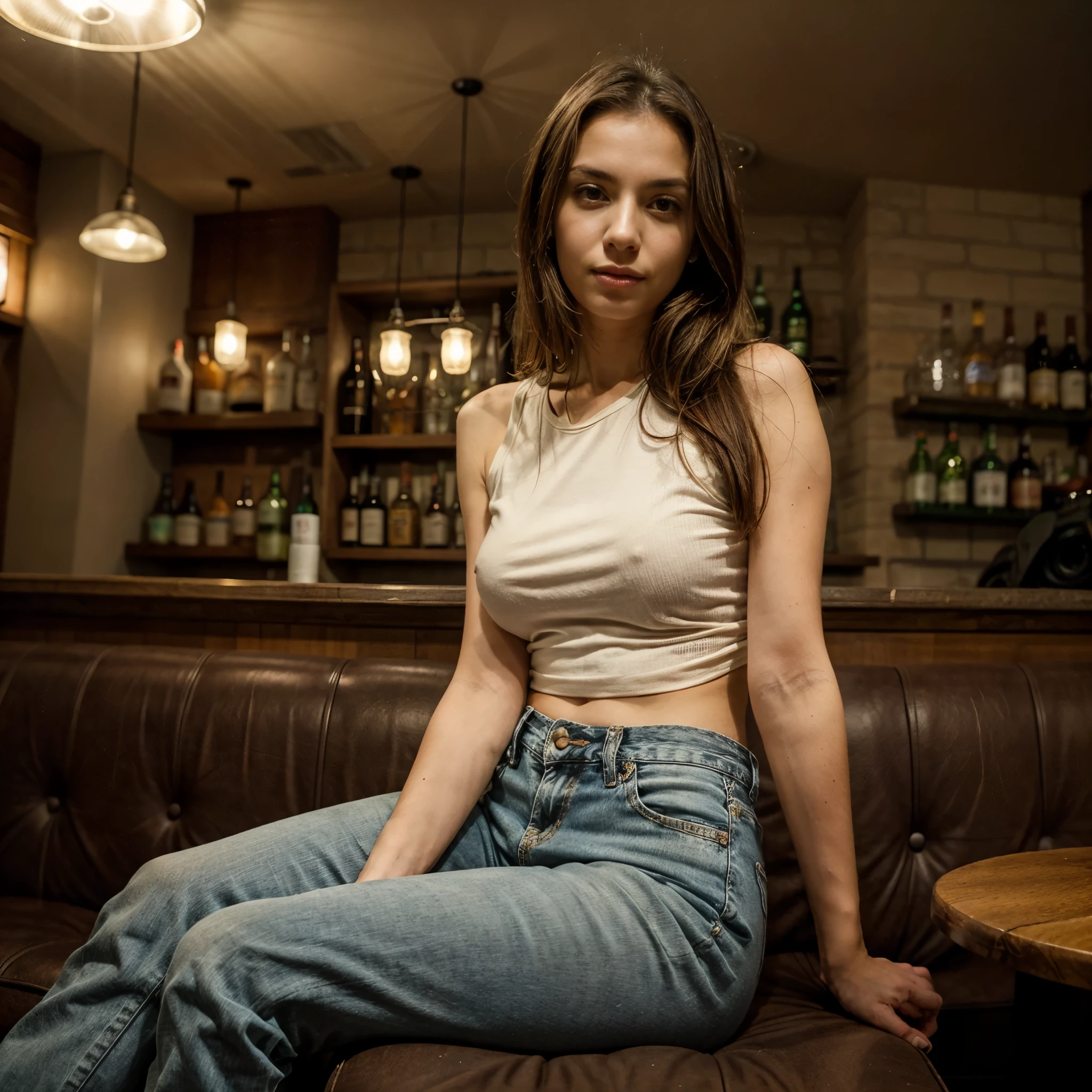 Picture a beautiful woman, 30 years old, with a sporty figure, sitting on a couch in a bar setting. She embodies a sense of casual elegance, clad in a fitted t-shirt and stylish jeans. Her arms are comfortably draped over the couch's armrest, with her hands not in view, conveying a relaxed posture. Directly in front of her is a table with a beer glass on it, adding to the laid-back ambiance. The bar's interior exudes warmth, illuminated by soft, diffused lighting that creates a cozy and inviting atmosphere. The scene is captured from a medium-close-up perspective, using a DSLR camera type. This perspective focuses on the woman from the waist up, allowing a clear view of her expression and attire, while also capturing some elements of the bar's interior in the background. The camera settings emphasize a shallow depth of field, ensuring that the woman remains the focal point of the image, with the background subtly blurred to enhance the overall composition. long oval charming face, deep look