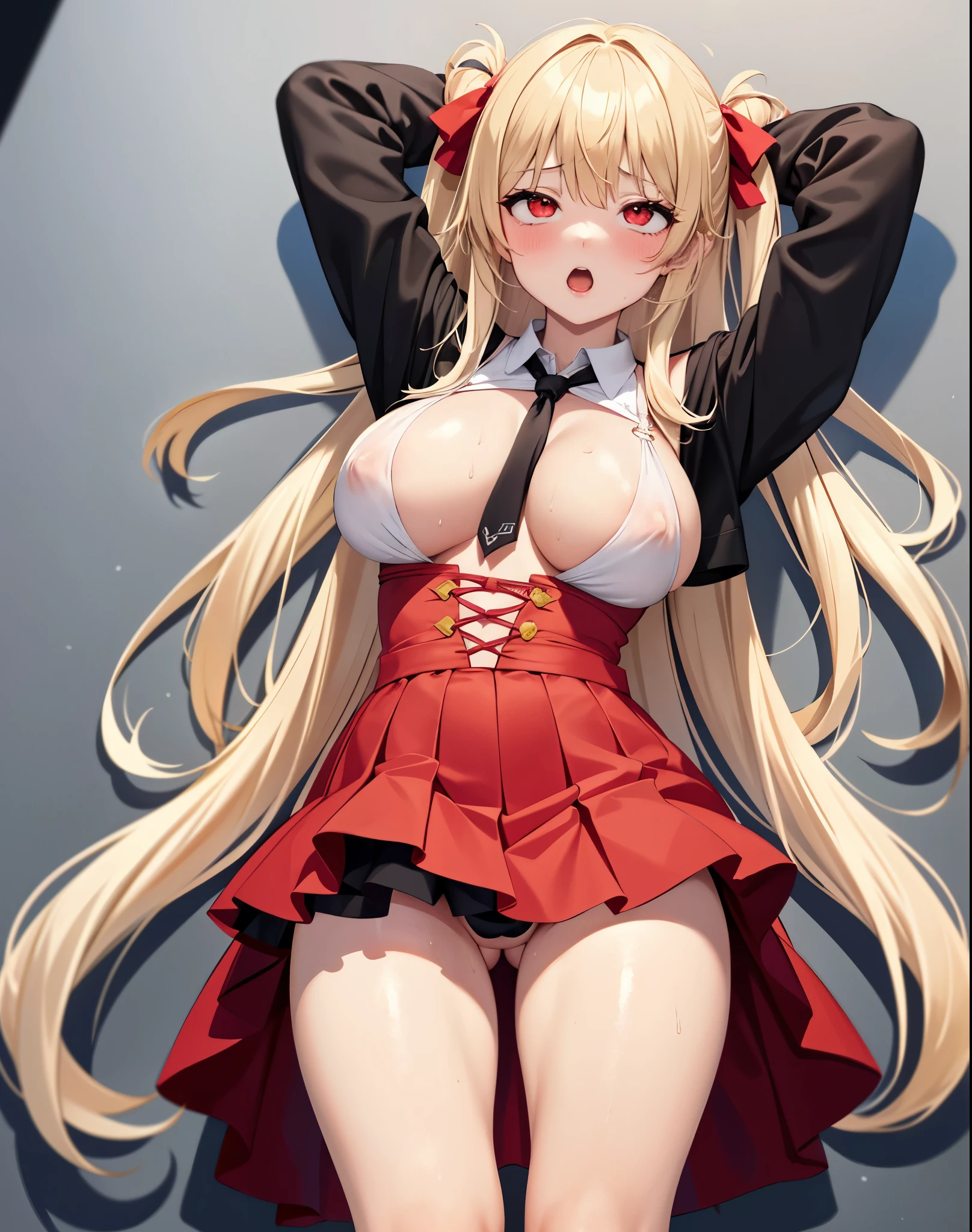 Flandre Scarlet, 
1girl in, Colossal tits, thighs thighs thighs thighs,独奏, thighs thighs thighs thighsブーツ, Black skirt, Black footwear, (((​masterpiece,hight resolution,top-quality))), 独奏, blonde  hair, on  back, Look at viewers, Opening Mouth, 独奏, red blush, wet​服, heart mark, with arms up, wet​, Colossal tits, shorth hair, Metamorphosis, white  panties, Himiko Toga, By the way, Shibari, srestrained, ボンデージropes, ropes, Tied up, srestrainedされた体