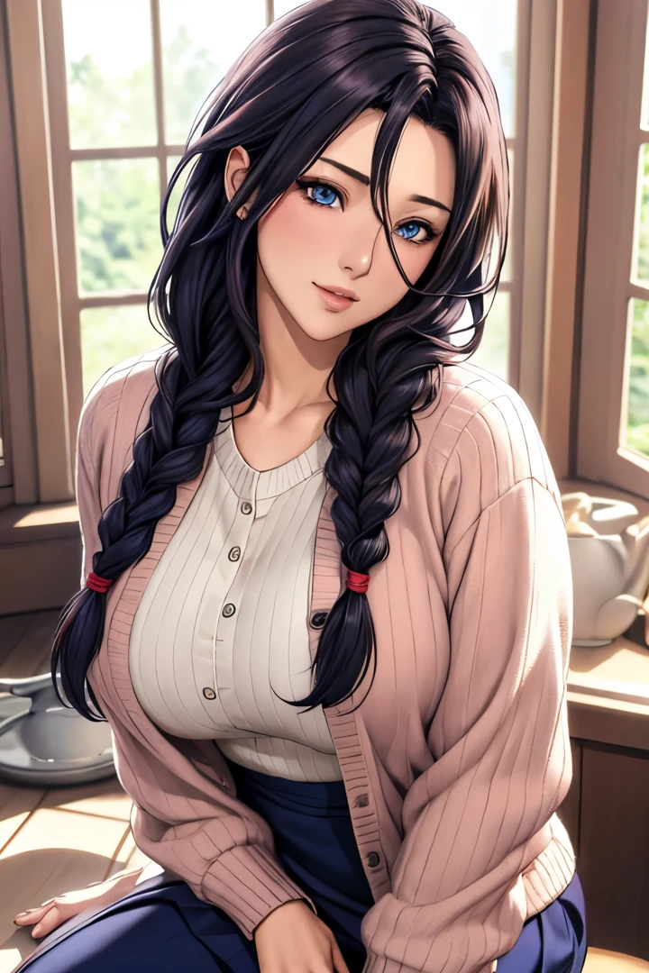 masutepiece, (Best Quality), 1womanl,1girl in ,akiko_minase, Long hair, Brunette hair, Blue eyes, braid, single braid, Hair intake, hair over shoulder, (maturefemale), Skirt, Sweaters, Cardigan, house wife, Large breasts,Sexy Woman, , blush vibrant colors ,,Natural lighting ,nffsw, hair between eye , Beautiful, (Detailed face:1.2), showcase, (Perfect eyes:1.1) ,(Photorealistic:1.1), 8K UHD, Looking at Viewer, indoorcircular