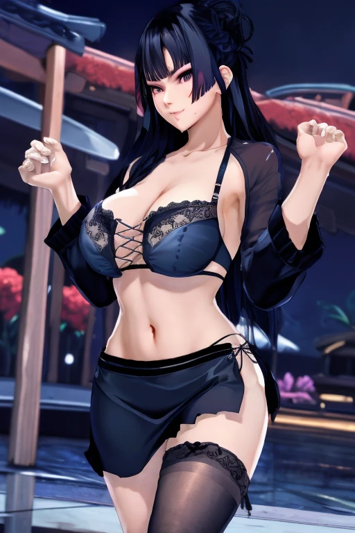 Nyotengu, in a black bra with a blouse falling over her sensual shoulders, bare shoulders, in a black skirt showing her thighs