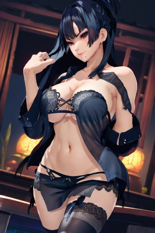 Nyotengu, in a black bra with a blouse falling over her sensual shoulders, bare shoulders, in a black skirt showing her thighs