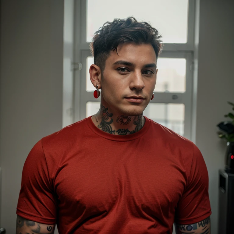 Tattooed gay man standing wearing red shirt and earring