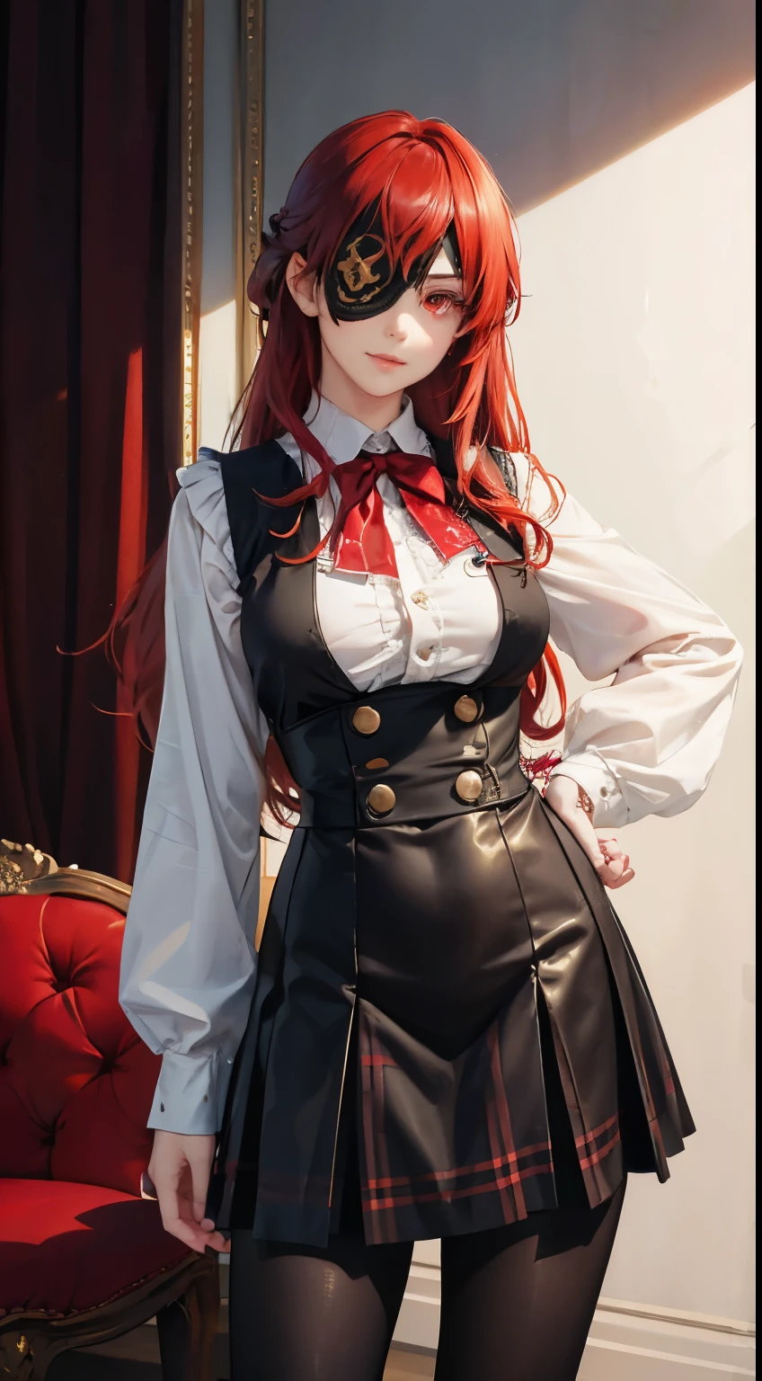 ((best quality)), ((masterpiece)), (detailed), perfect face, ((eyepatch:1.2)), (long hair:1.4), (red hair, red eyes:1.4), 1girl, solo, skirt, shirts, vest, legging, white shirts, Button-up shirts, black vest, smile, outdoors, black skirt, looking at viewer, black legging, rose pattern legging, long sleeves, bangs, ribbon, frilled skirt, frills, plaid, bow, Star shape eyepatch, gold eyepatch, standing, red ribbon, wide sleeves, hand on waist, medium breasts, cafe, inside bosco cafe, cowboy shot, elegance, mature women, Photorealistic, Hyperrealistic, Hyperdetailed, analog style, detailed skin, matte skin, soft lighting, subsurface scattering, realistic, heavy shadow, masterpiece, best quality, ultra realistic, 8k, golden ratio, Intricate, High Detail, film photography, soft focus, hollow eye