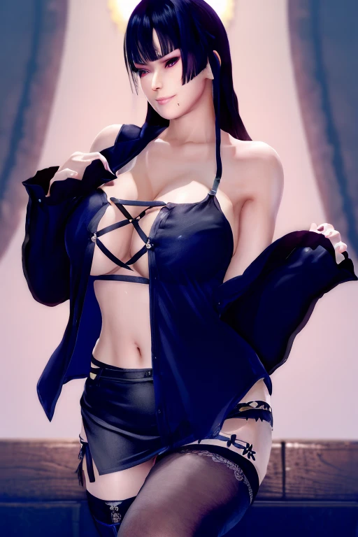 (Tabletop, Highest quality:1.2), 1 person, alone,( Dynamic Angle,:1.1) mature, 100 Faith Hassan, destiny, (Dark grey skin:1.2), blue eyes, Long Hair, Purple Hair, ponytail, Big Lips, Expressionless, Gold Jewelry, Big Breasts, pants, tight, belly button, Abdominal muscles, Hoop Earrings, Halter neck, Dark background, background、Realistic, Plump butt, Slender body, tightウエスト, From 5 meters behind, Lingerie Sweat