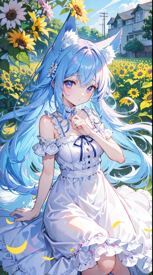 lightblue hair, pink hair highlights, 1 girl, a purple eye, looking at viewert, trpical garden, White sunflower dress, 8K, A high resolution, morning masterpiece), Super sharp, Two arms, long whitr hair, fox ear, Hold an cream