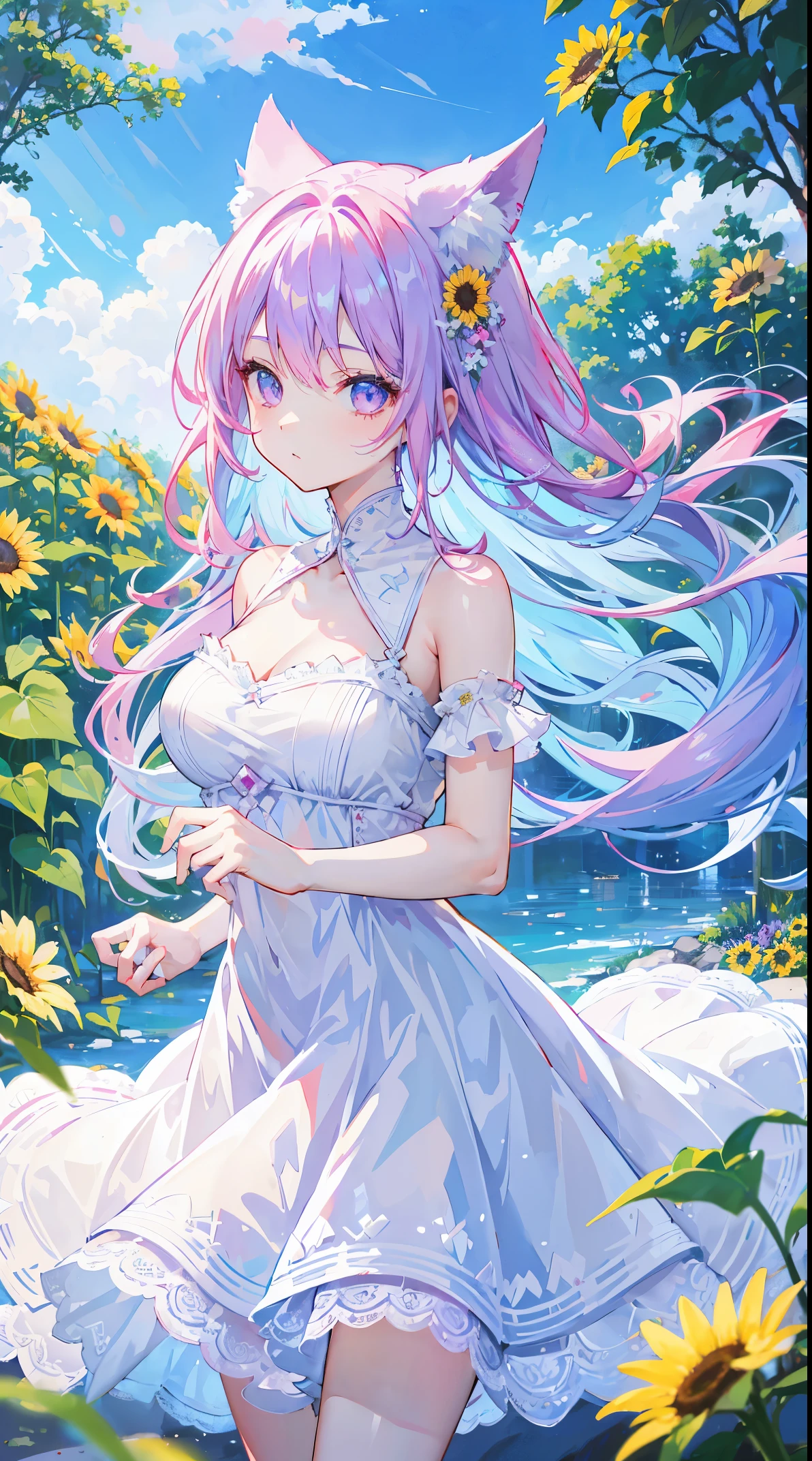 lightblue hair, pink hair highlights, 1 girl, a purple eye, looking at viewert, trpical garden, White sunflower dress, 8K, A high resolution, morning masterpiece), Super sharp, Two arms, long whitr hair, fox ear, Hold an cream
