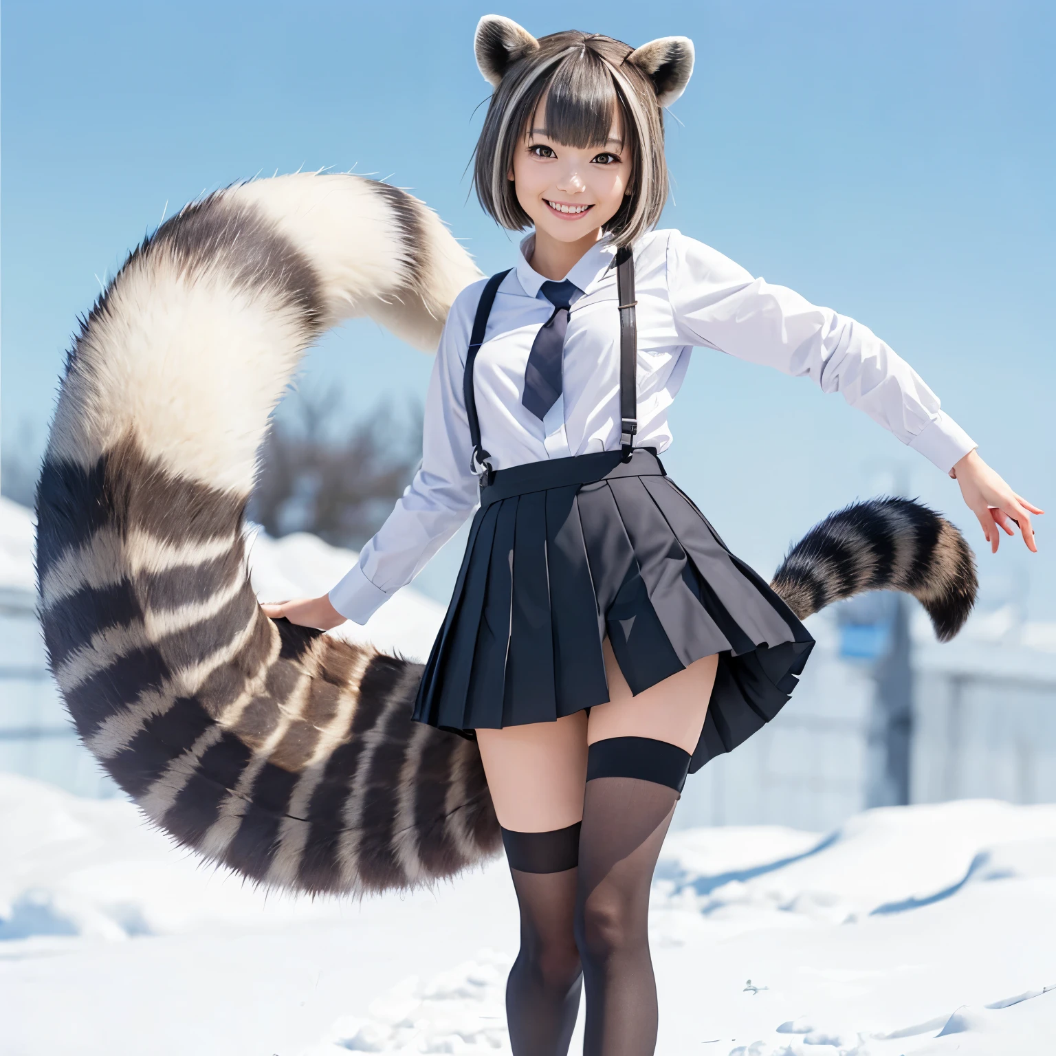 A woman wearing a pleated miniskirt with a raccoon tail, anthropomorphic racoon, けもの, Realistic, a picture, top-quality, A smile, Her pleated miniskirt is flipped up and her tail is visible.(1.5) ,Realistic tail, small tits, slender, White panties, tail, Bushy tail, Realistic tail