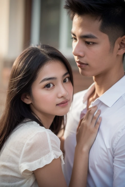 Romantic. Young indonesian Couple. both of them were wearing high school uniforms with white tops and gray bottoms, black nike shoes, (romantic lift hug). detail face. in the dark dense forest