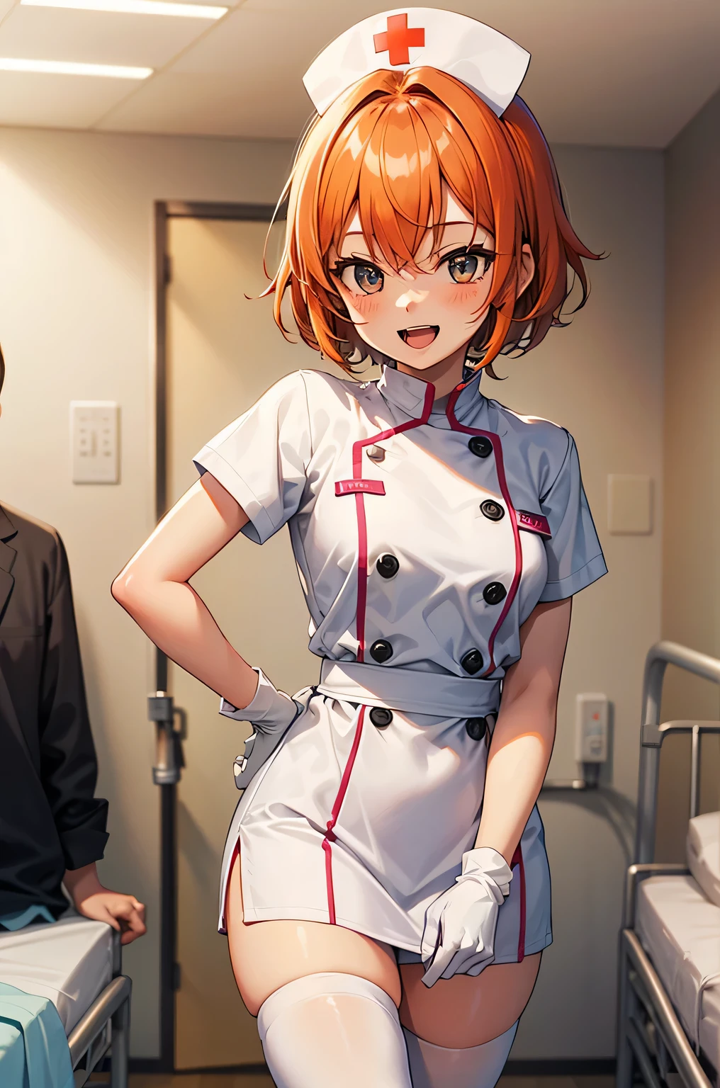 1girl, solo, nurse, nurse cap, white wear, ((white legwear, zettai ryouiki)), white gloves, very short hair, orange hair, smile, open mouth, standing, ((hospital room)), sharp outline, short sleeves, tomboy, boyish, best quality, masterpiece