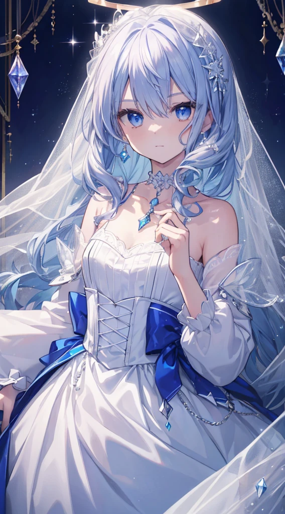 (tmasterpiece, Best quality at best: 1.4), detailedbackground, White crystal, crystal cluster,、blue hairlue color eyes,Medium-hair long,jewely, 耳Nipple Ring, choker necklace, diadems, the bride, White hair, The halo,Suisei Hoshimach