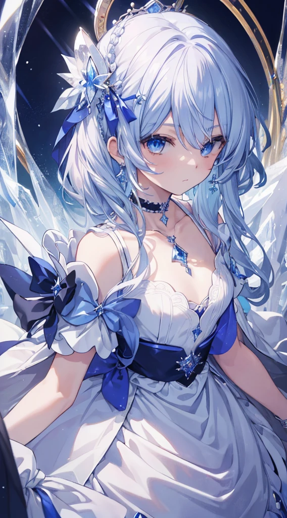 (tmasterpiece, Best quality at best: 1.4), detailedbackground, White crystal, crystal cluster,、blue hairlue color eyes,Medium-hair long,jewely, 耳Nipple Ring, choker necklace, diadems, the bride, White hair, The halo,Suisei Hoshimach