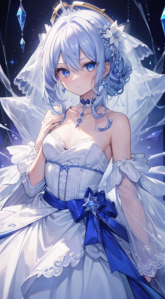 (tmasterpiece, Best quality at best: 1.4), detailedbackground, White crystal, crystal cluster,、blue hairlue color eyes,Medium-hair long,jewely, 耳Nipple Ring, choker necklace, diadems, the bride, White hair, The halo,Suisei Hoshimach