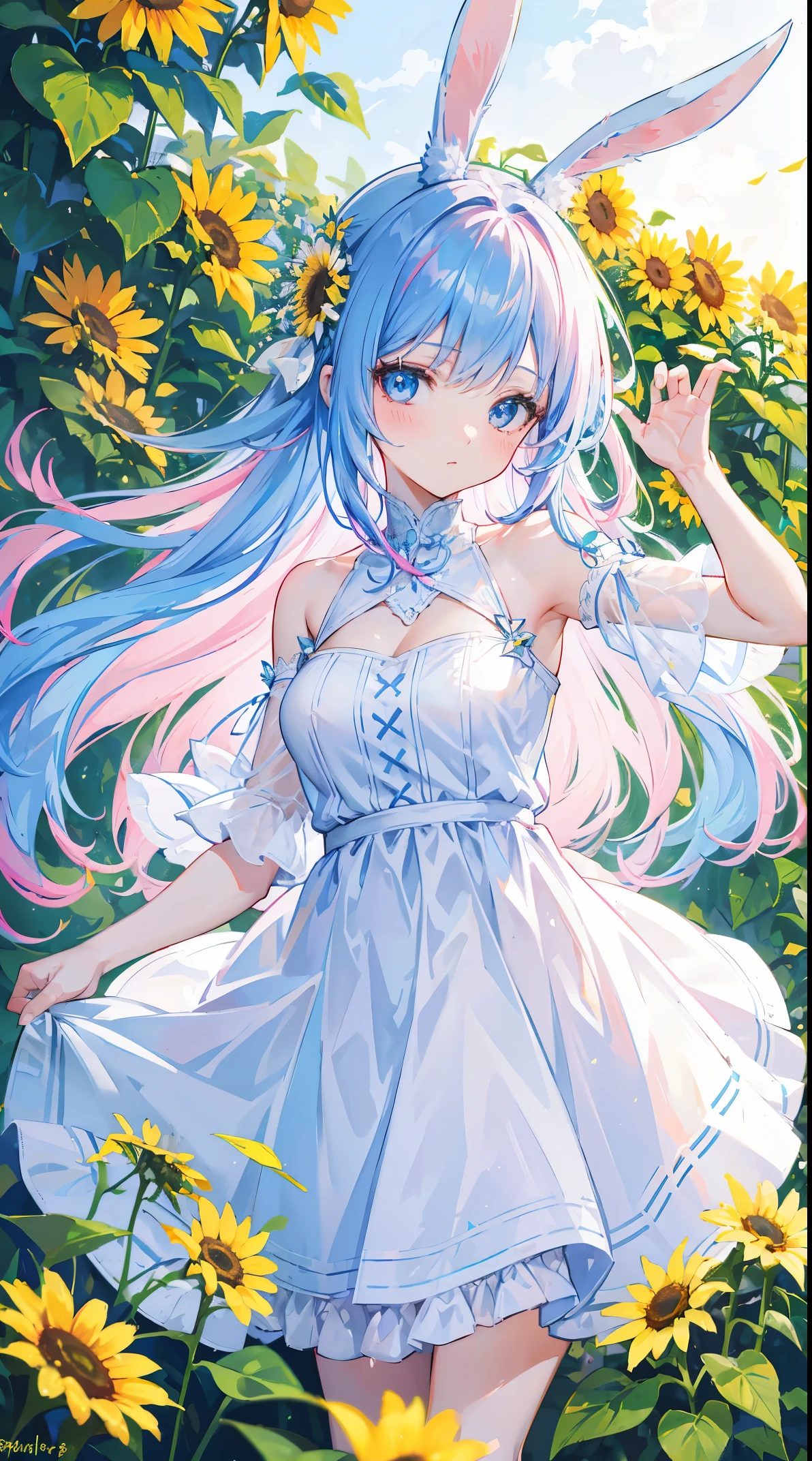 Blue and pink hair, 1 girl, eBlue eyes, looking at viewert, trpical garden, White sunflower dress, 8K, A high resolution, Morning, tmasterpiece, Super sharp, Two arms, long whitr hair, bunny ears