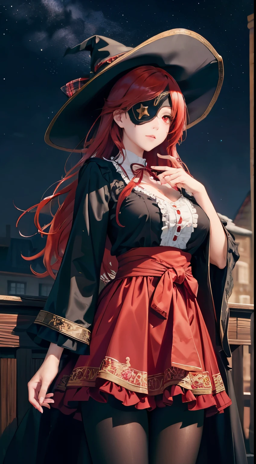 ((best quality)), ((masterpiece)), (detailed), perfect face, ((eyepatch:1.2)), (long hair:1.4), (red hair, red eyes:1.4), 1girl, solo, hat, skirt, legging, witch hat, dirndl gown, black headwear, black dirndl gown, smile, outdoors, black skirt, looking at viewer, black legging, rose pattern legging, red witch hat, long sleeves, bangs, ribbon, frilled skirt, frills, plaid, bow, open clothes, blush, neck ribbon, Star shape eyepatch, gold eyepatch, standing, red ribbon, wide sleeves, black robe, open robe, robe, , hand on waist, medium breasts, large breasts, night, starry night sky, cowboy shot, Photorealistic, Hyperrealistic, Hyperdetailed, analog style, detailed skin, matte skin, soft lighting, subsurface scattering, realistic, heavy shadow, masterpiece, best quality, ultra realistic, 8k, golden ratio, Intricate, High Detail, film photography, soft focus, hollow eyes