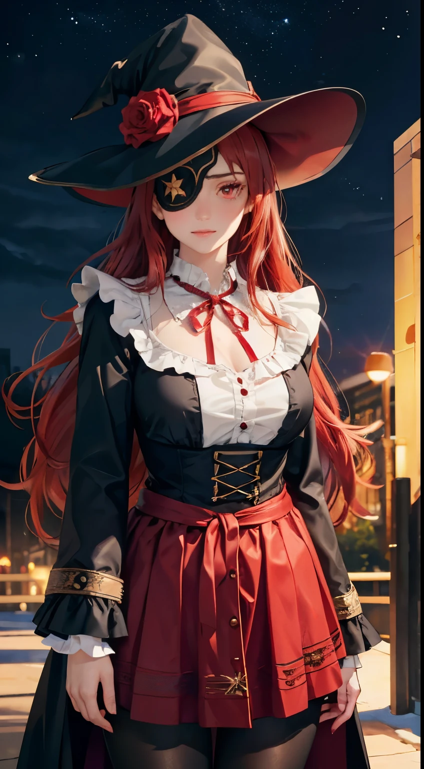 ((best quality)), ((masterpiece)), (detailed), perfect face, ((eyepatch:1.2)), (long hair:1.4), (red hair, red eyes:1.4), 1girl, solo, hat, skirt, legging, witch hat, dirndl gown, black headwear, black dirndl gown, smile, outdoors, black skirt, looking at viewer, black legging, rose pattern legging, red witch hat, long sleeves, bangs, ribbon, frilled skirt, frills, plaid, bow, open clothes, blush, neck ribbon, Star shape eyepatch, gold eyepatch, standing, red ribbon, wide sleeves, black robe, open robe, robe, , hand on waist, medium breasts, large breasts, night, starry night sky, cowboy shot, Photorealistic, Hyperrealistic, Hyperdetailed, analog style, detailed skin, matte skin, soft lighting, subsurface scattering, realistic, heavy shadow, masterpiece, best quality, ultra realistic, 8k, golden ratio, Intricate, High Detail, film photography, soft focus, hollow eyes