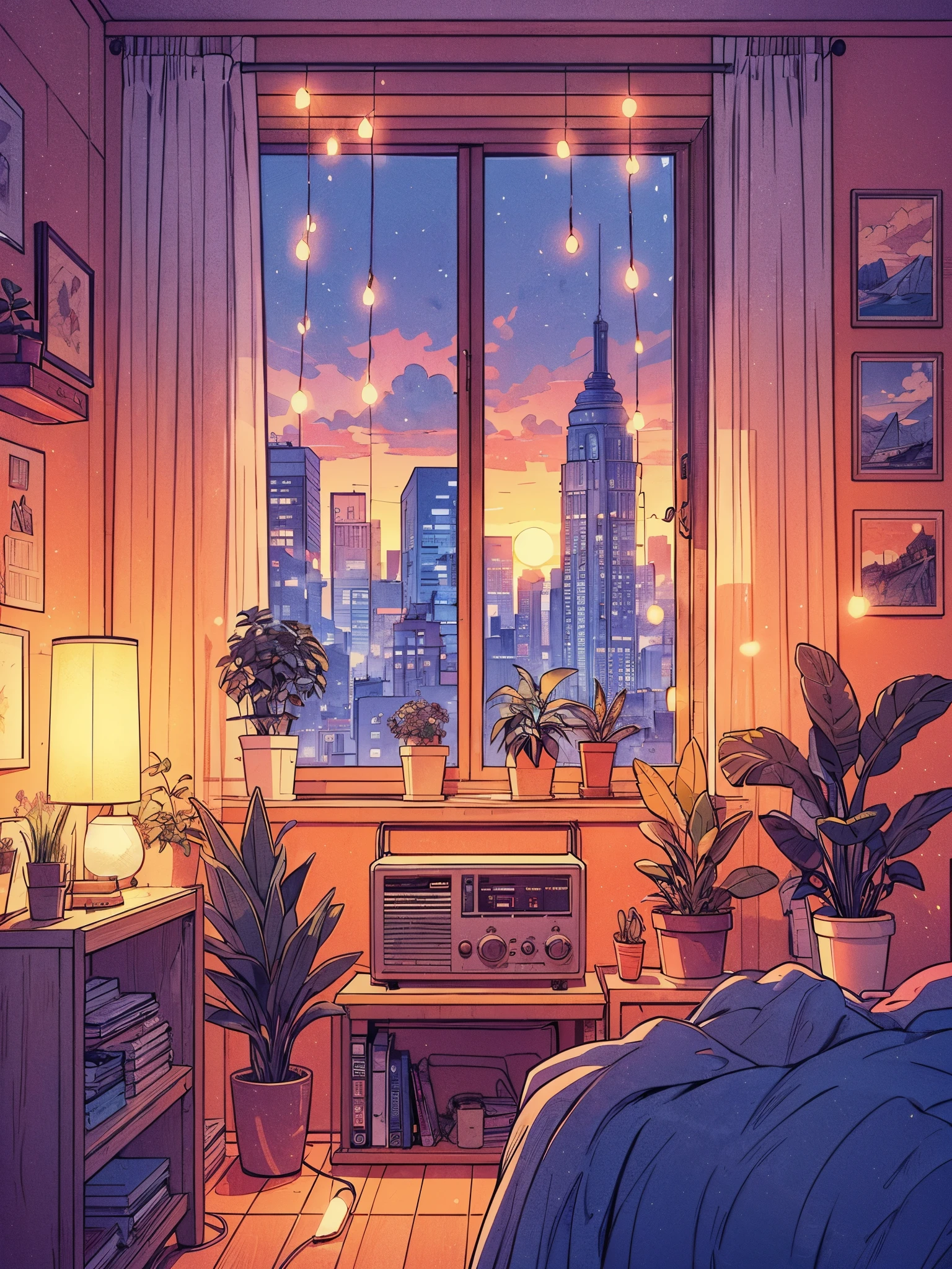 Draw an digital simple anime line art of wide lofi scene of small bedroom with radio near window, plants in pots, cityscape visible, lamp, golden hour, aesthetically beautiful decor, orangish blusih tones, fairylights, foggy, dim light, hazy sun, beautiful cloudy sky, vibrant color tones, masterpiece, peaceful scene