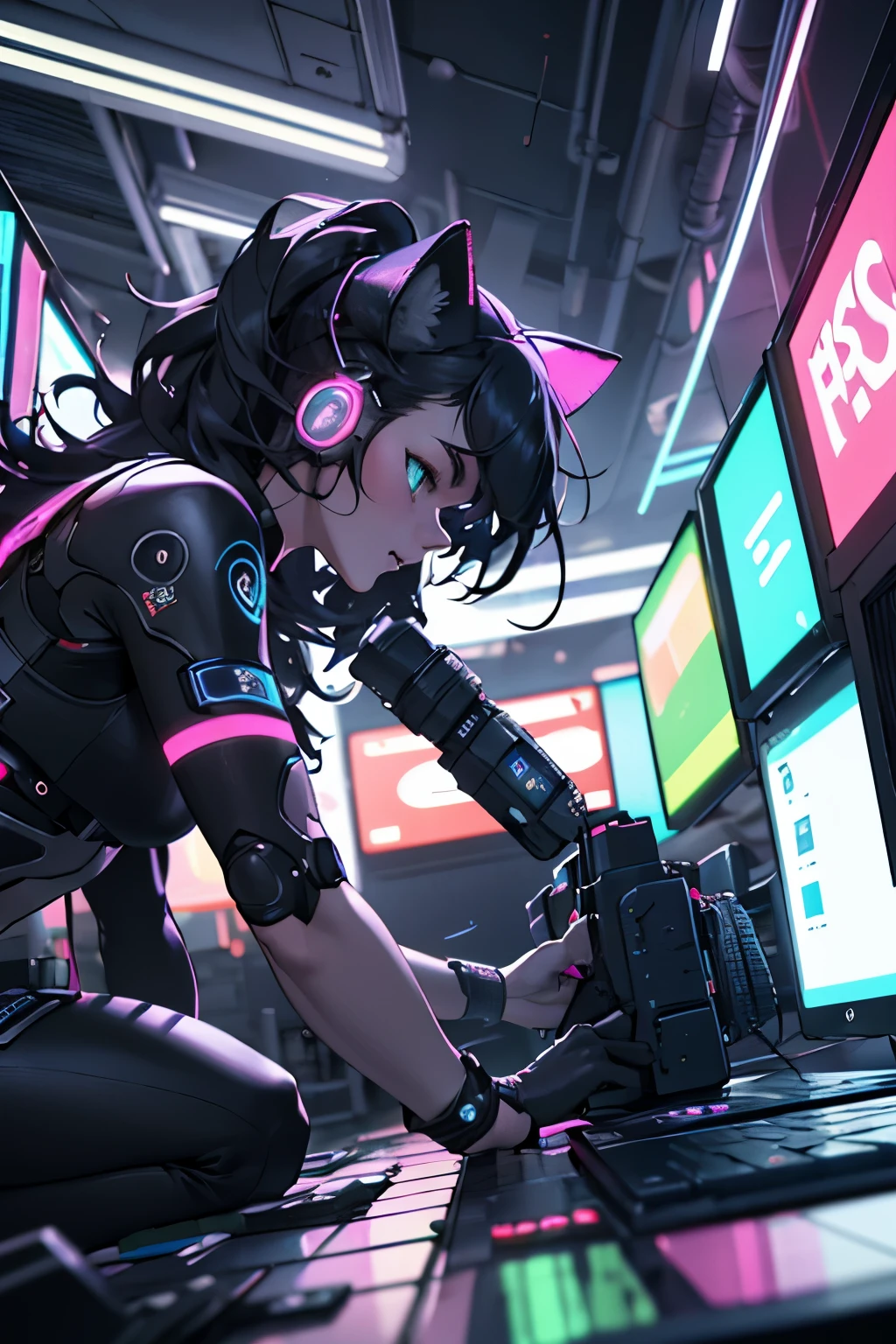 Cyberpunk HD 8k .3D, Beautiful thick-haired hacker woman operating computer terminal, , Crawl like a cat, low angle camera view, Pay attention to the SLR effect,Millennial girl、Beautiful eye fluorescent color