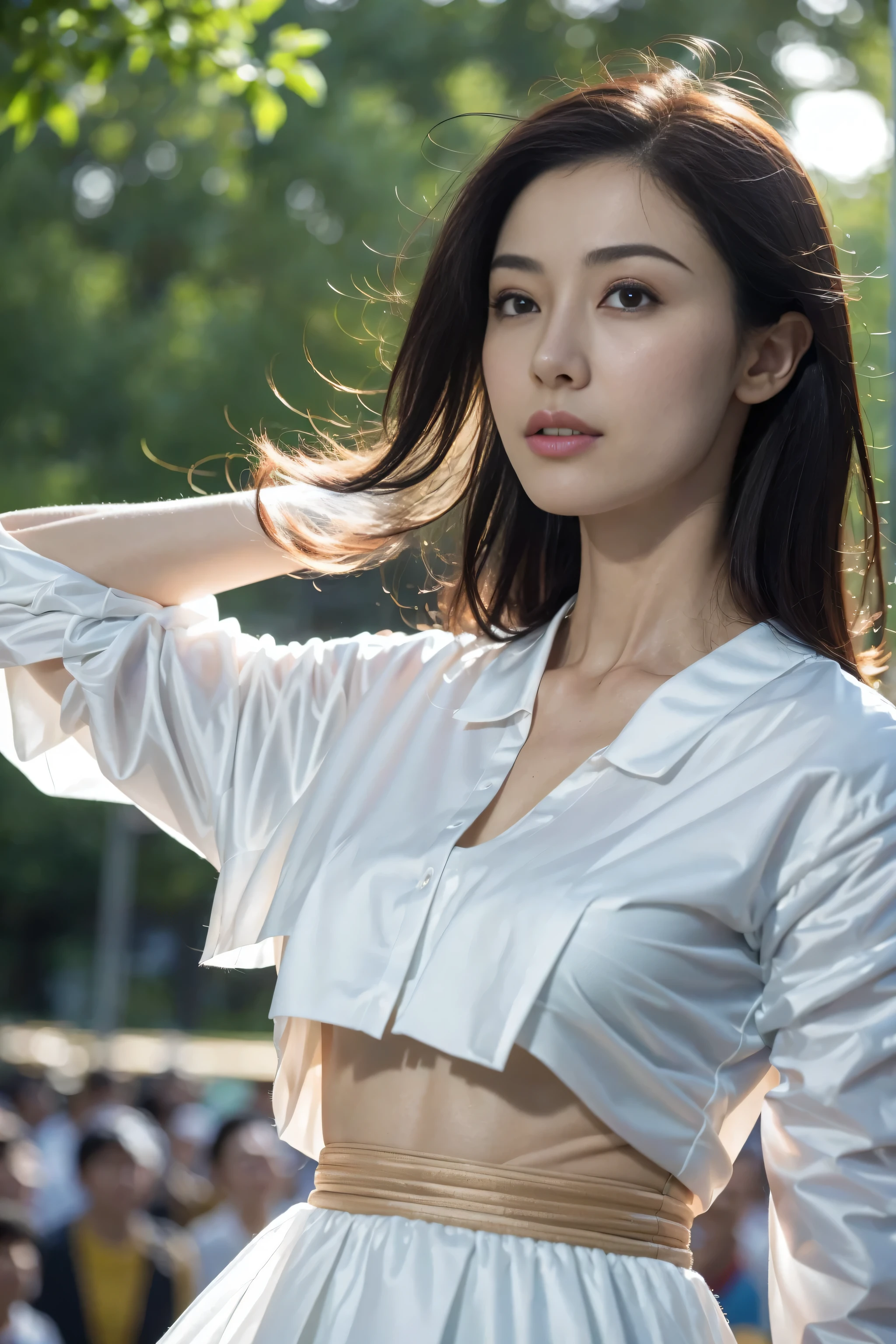 (8k、original photography、quality、masseter membrane:1.2)、super detailed、super resolution、(actual、real picture:1.37)、abortion、HD RAW color photography、Professional photography、hVery detailed and beautiful、Very detailed、8K picture wallpaper、Stunningly detailed、File size  huge、official art、HVery detailed CG Unity 8k wallpaper HVery detailed womas、Handsome profile of a 20-year-old woman, Very nice eyes、highly refined skin、Very detailed nose、Very detailed的嘴巴、perfect anatomy、background、detailed clothing、White skin、glitter on the skin、Charming potty、huge tits、A black-haired one、half length、a smile、lifelike face、exquisite eyes、sauce order、looking at camera、cowboy shooting、front、standing exercise posture、dynamic lighting