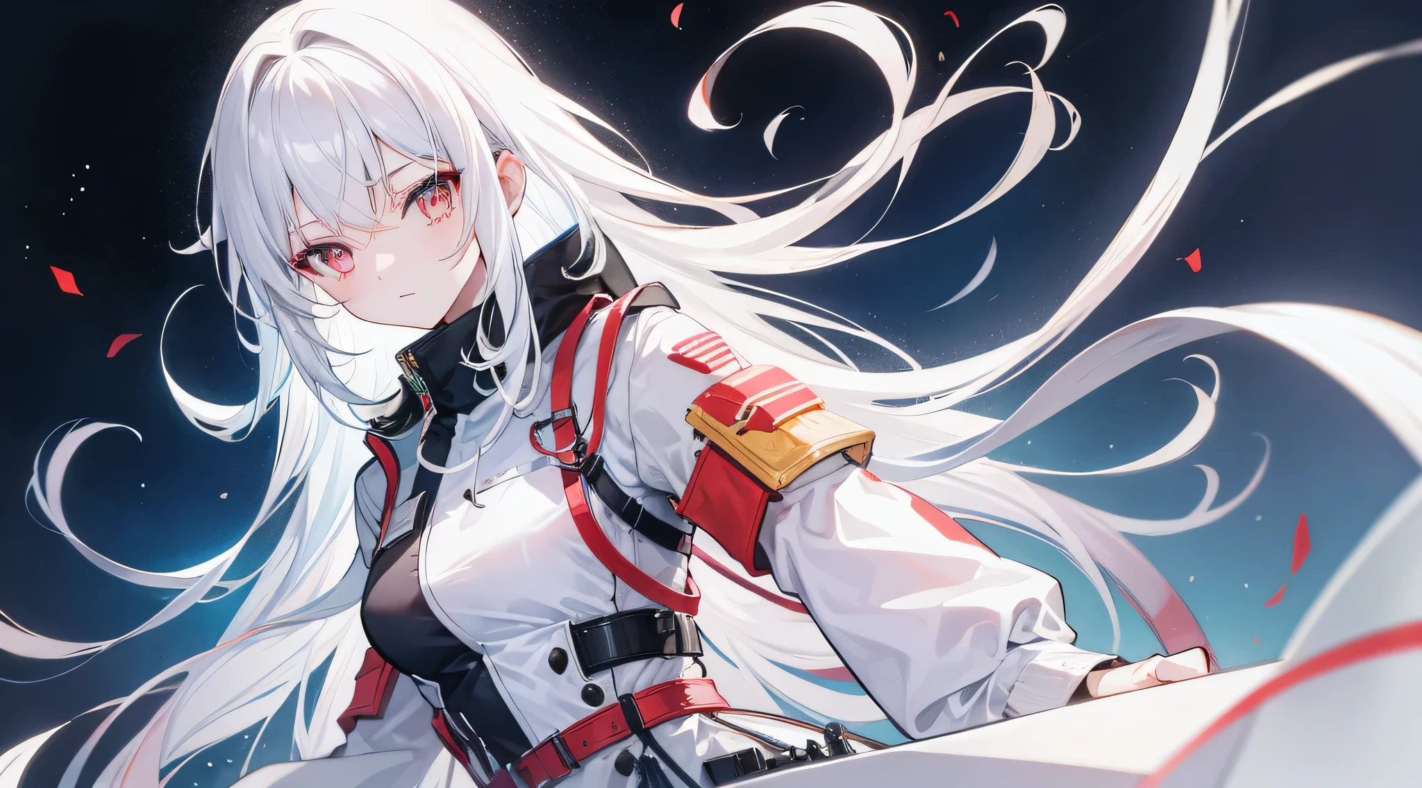Girl with long hair and white hair, Wearing off-white camouflage uniform, Pale red eyes