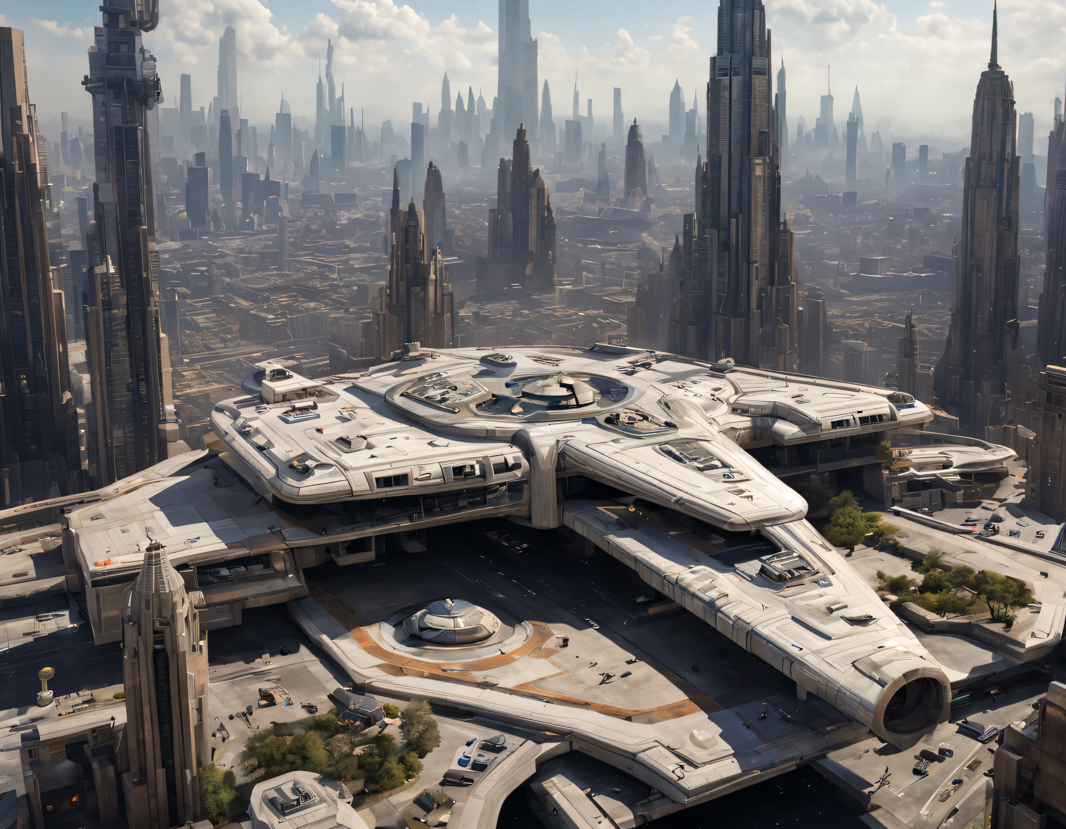 desde una terraza de la ciudad de coruscant de star wars, con sus inmensos edificios futuristas, divisandose el aeropuerto de coruscant, con una inmensa nave alargada posada, (Design by Doug Chiang), edificios del fondo nitidos y bien definidos, intrincados detalles de la maquina de la mas alta calidad, estilo cinematografico, nitidez absoluta, imagen 8k. (obra maestra de superior calidad).