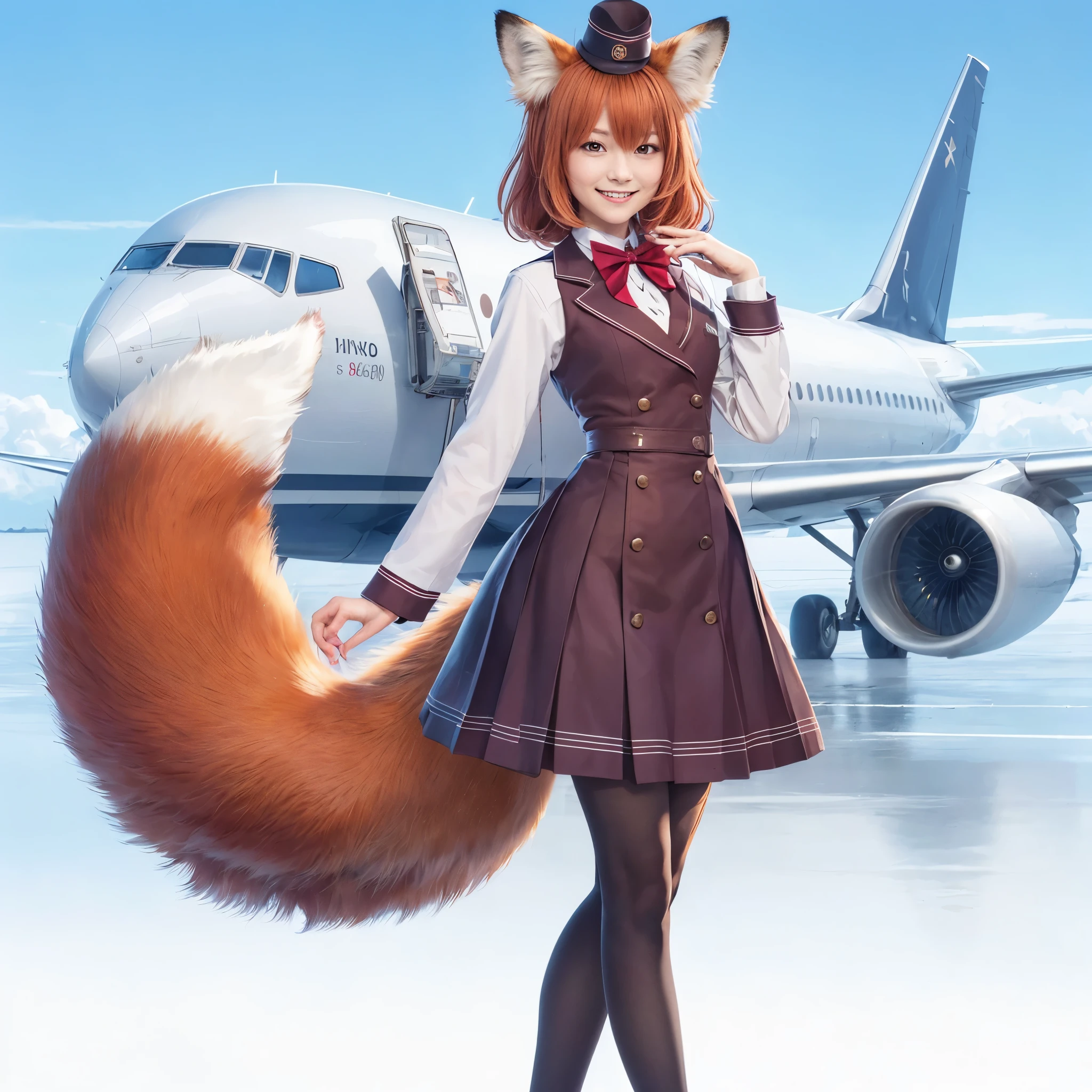A woman wearing a pleated miniskirt with a fox tail, Anthropomorphic fox, けもの, Realistic, a picture, top-quality, A smile, Her pleated miniskirt is flipped up and her tail is visible.(1.5) ,Realistic tail, small tits, slender, White panties, tail, Bushy tail, Realistic tail
