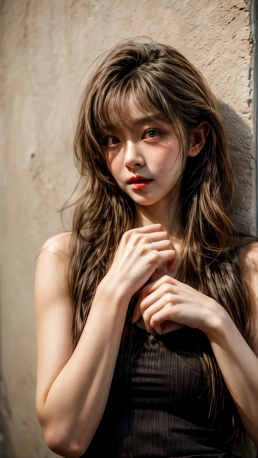 masterpiece、8K、32K、top-quality、(A detailed eye)、(A cute Japanese woman、bangss:1.3)、23years old、1 girl in、elegent、(White concrete wall)、black tank-top