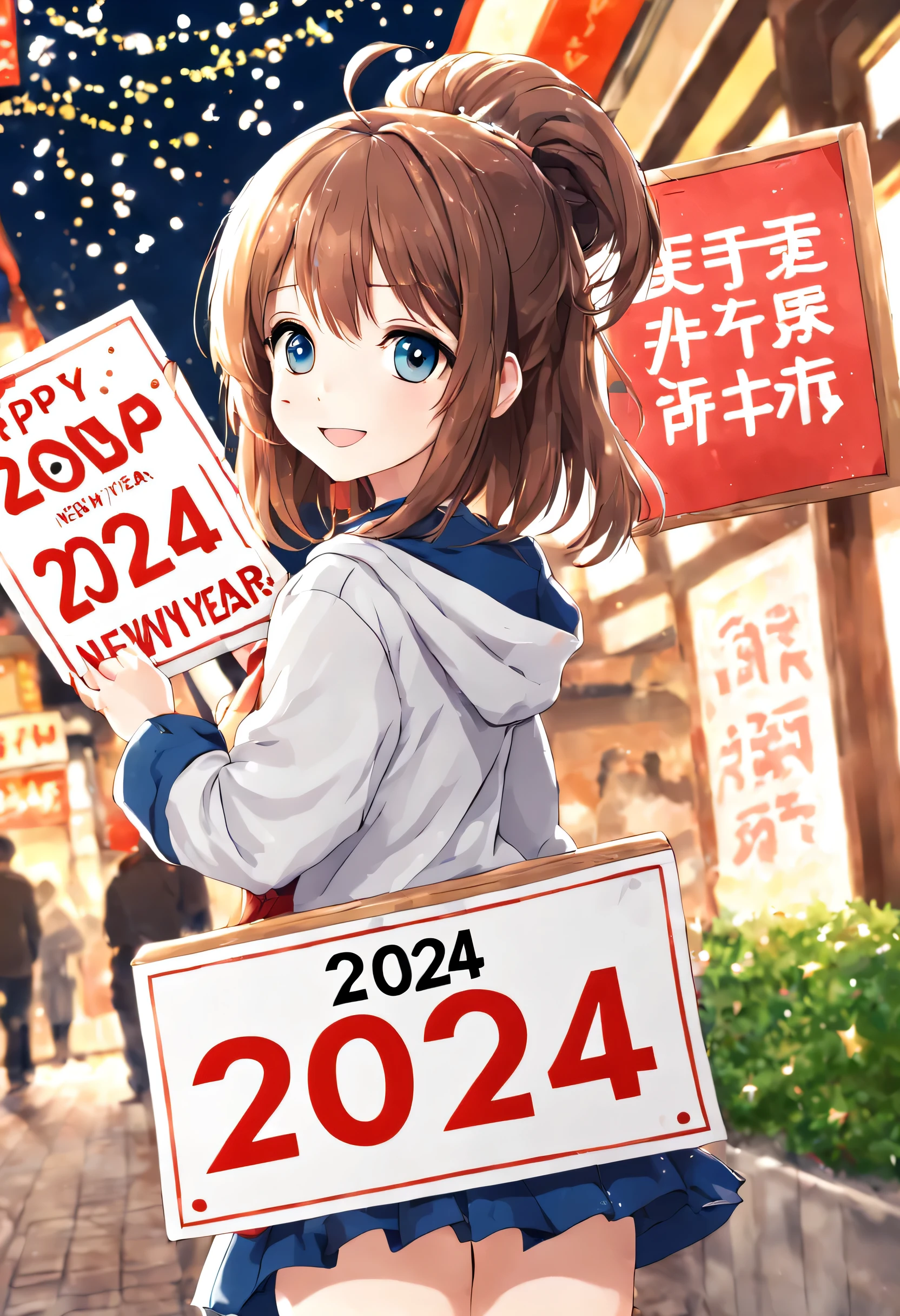 Anime, Cute Girl, Happy New Year, girl txt with a sign:"2024"