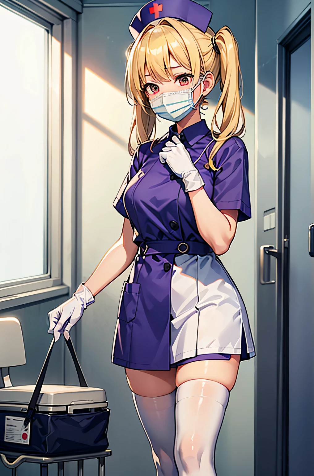 1girl, solo, nurse, nurse cap, white wear, ((white legwear, zettai ryouiki)), white gloves, twintails, yellow hair, purple eyes, ((white surgical mask, covered nose)), standing, ((hospital room)), sharp outline, short sleeves, best quality, masterpiece
