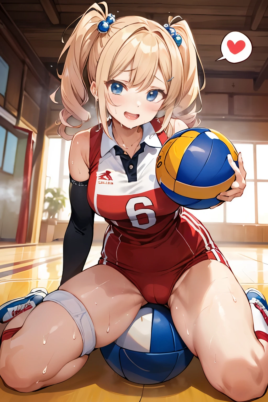 unity 8k wallpaper, anatomically correct, (((masterpiece))), (((best quality))), (((ultra detailed))), (((high-resolution))), ((super fine illustration)), ((Ultimate cutie)), ((perfect hands)), ((perfect finger)), (((good anatomy))), detailed beautiful face, shiny hair, (((gyaru))), (potbelly), (curvy), medium breasts, ((Thick thighs)), (((solo))), ((seductive smile)), (((blush))), (half open mouth),
BREAK, (((sit astride the perfectly spherical shape 6-inch ball))), (((Straddling a perfectly spherical 6" ball))), (((Perfectly spherical 6" ball fits perfectly crotch))), BREAK, (((Rub the Perfectly spherical 6" ball against crotch))),
BREAK, (Collared volleyball uniforms), sleeveless, ((buruma)), ((kneepad)), (elbow pad), (((sweat))), (((covered in sweat))), ((deep breathing)), in Volleyball Court, indoor, lighting, looking at viewer, full body, (spoken heart)