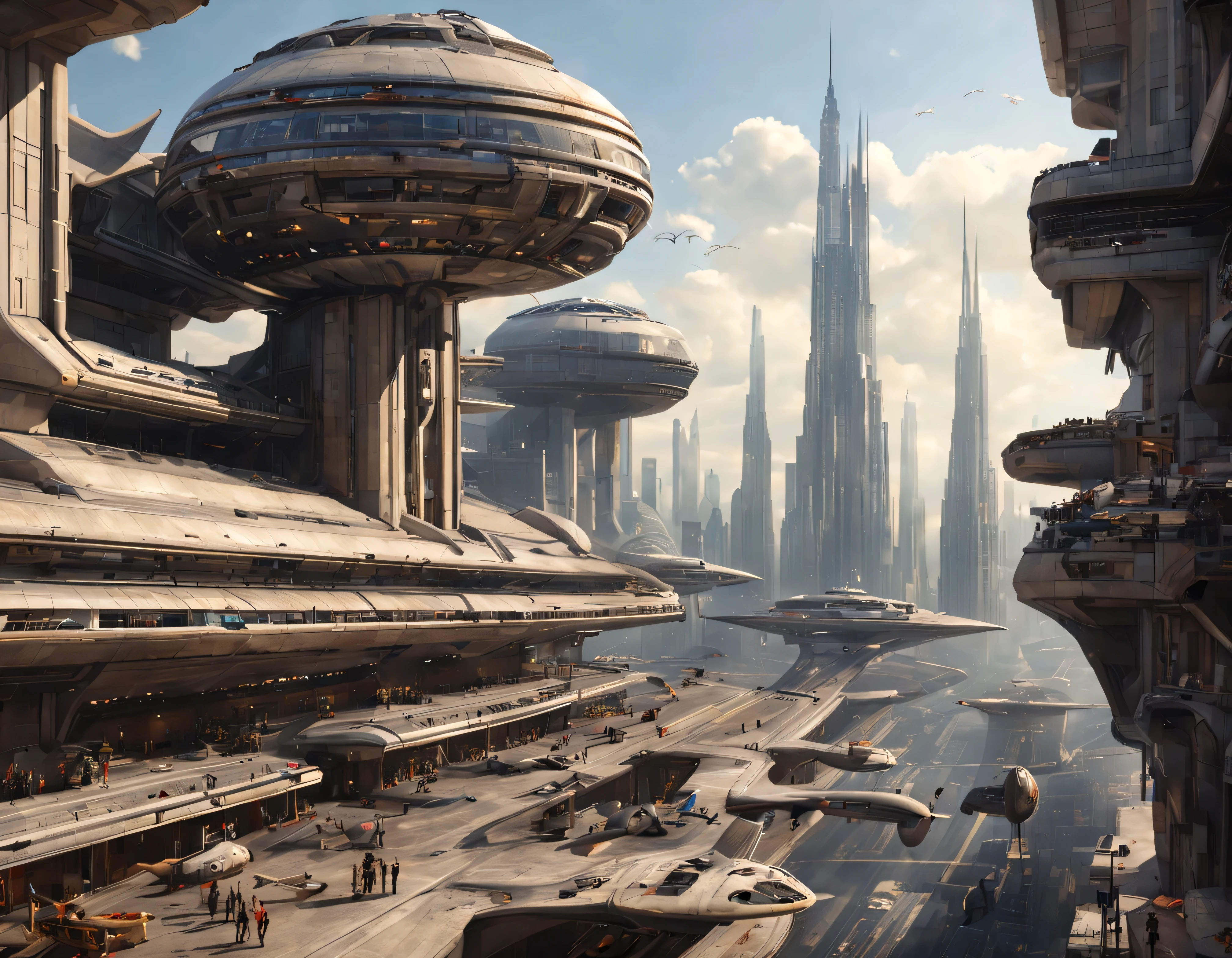 desde una terraza de la ciudad de coruscant de star wars, con sus inmensos edificios futuristas, divisandose el aeropuerto de coruscant, con una inmensa nave alargada posada, (Design by Doug Chiang), edificios del fondo nitidos y bien definidos, intrincados detalles de la maquina de la mas alta calidad, estilo cinematografico, nitidez absoluta, imagen 8k. (obra maestra de superior calidad).