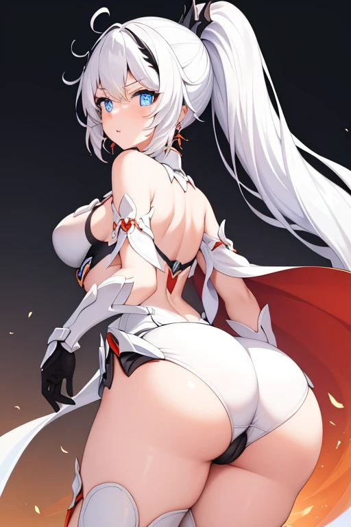 hof, 1girl, kiana kaslana, solo, small breasts, medium breasts, blue eyes, gauntlets, white hair, cleavage, jewelry, ponytail, earrings, bare shoulders, closed mouth, bangs, simple background, hair ornament, looking at viewer, hair between eyes, torn cape, armor, antenna hair, thigh boots, white thighhighs, black gloves, boots, white footwear, ass,ass focus, looking back, big ass, large ass, good ass, huge ass, (big ass:1.2), (large ass:1.2), (beautiful large ass:1.4), :)