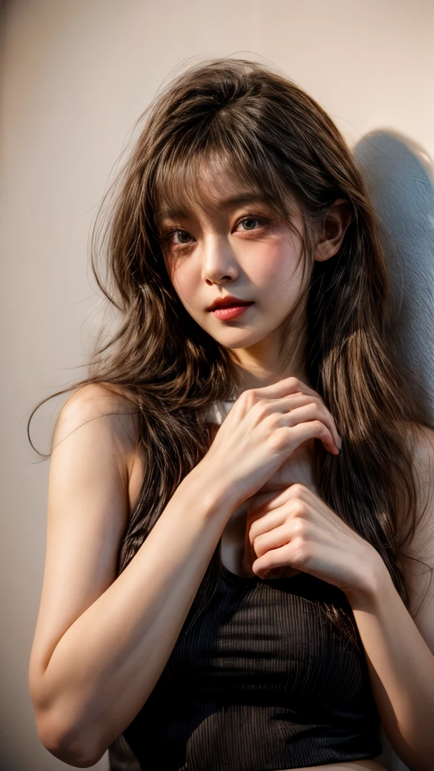masterpiece、8K、32K、top-quality、(A detailed eye)、(A cute Japanese woman、bangss:1.3)、23years old、1 girl in、elegent、(White concrete wall)、black tank-top