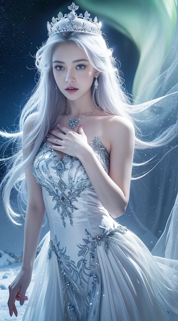 arafed image of a woman in a dress with a crown and a tiable, goddess of winter, queen of winter, ethereal aurora spirits,  princess,  queen, very beautiful fantasy art, the  queen, winter princess, digital art fantasy, ethereal beauty, queen of  and storm, beautiful fantasy art, beautiful digital art, very beautiful digital art