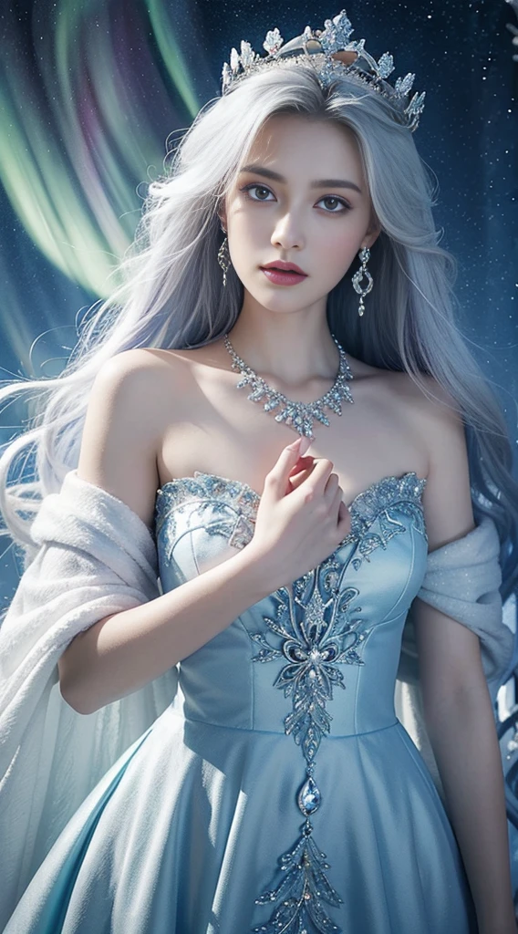 arafed image of a woman in a dress with a crown and a tiable, goddess of winter, queen of winter, ethereal aurora spirits, princess, queen, very beautiful fantasy art, the queen, winter princess, digital art fantasy, ethereal beauty, queen of and storm, beautiful fantasy art, beautiful digital art, very beautiful digital art
